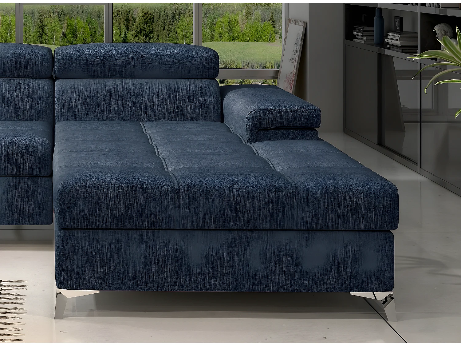 Canapé angle droit convertible tissu bleu minéral avec appuis-tête réglables Rikaro 280cm