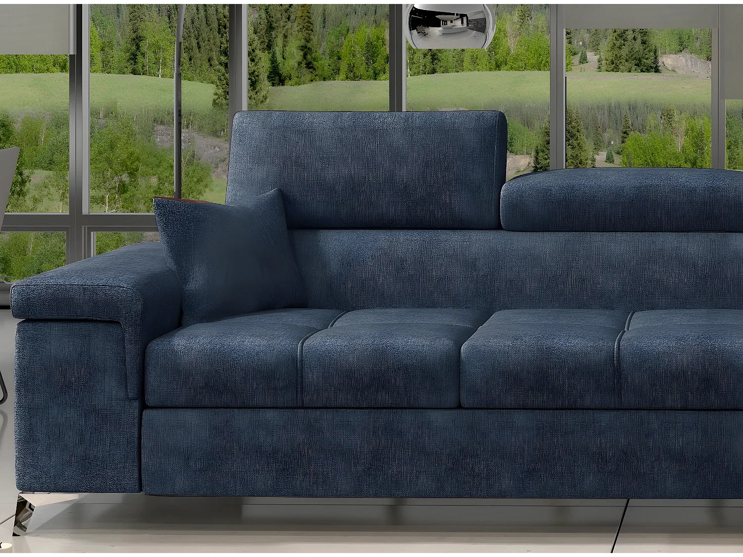 Canapé angle droit convertible tissu bleu minéral avec appuis-tête réglables Rikaro 280cm