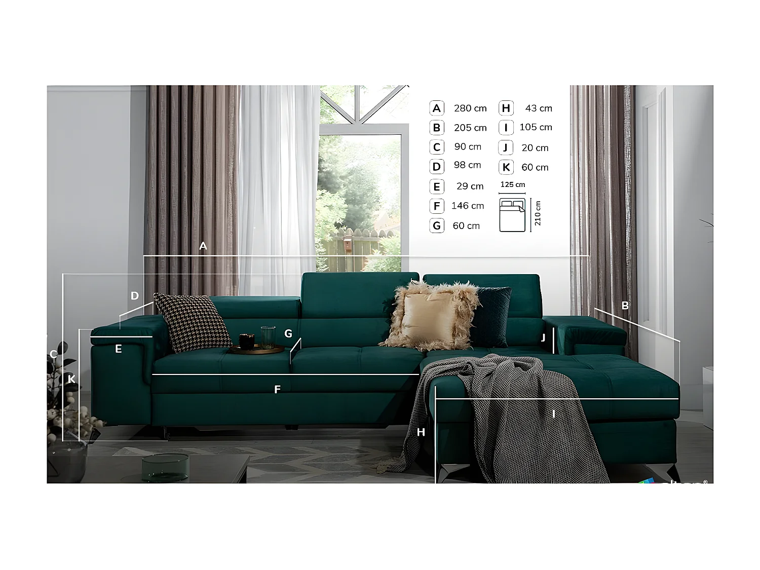 Canapé angle droit convertible tissu bleu minéral avec appuis-tête réglables Rikaro 280cm