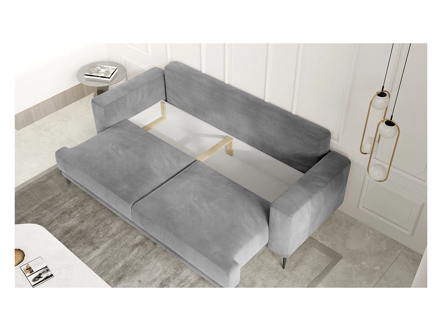 Canapé convertible design 4 places tissu doux vert bouteille et pieds métal noir Arkia 260cm