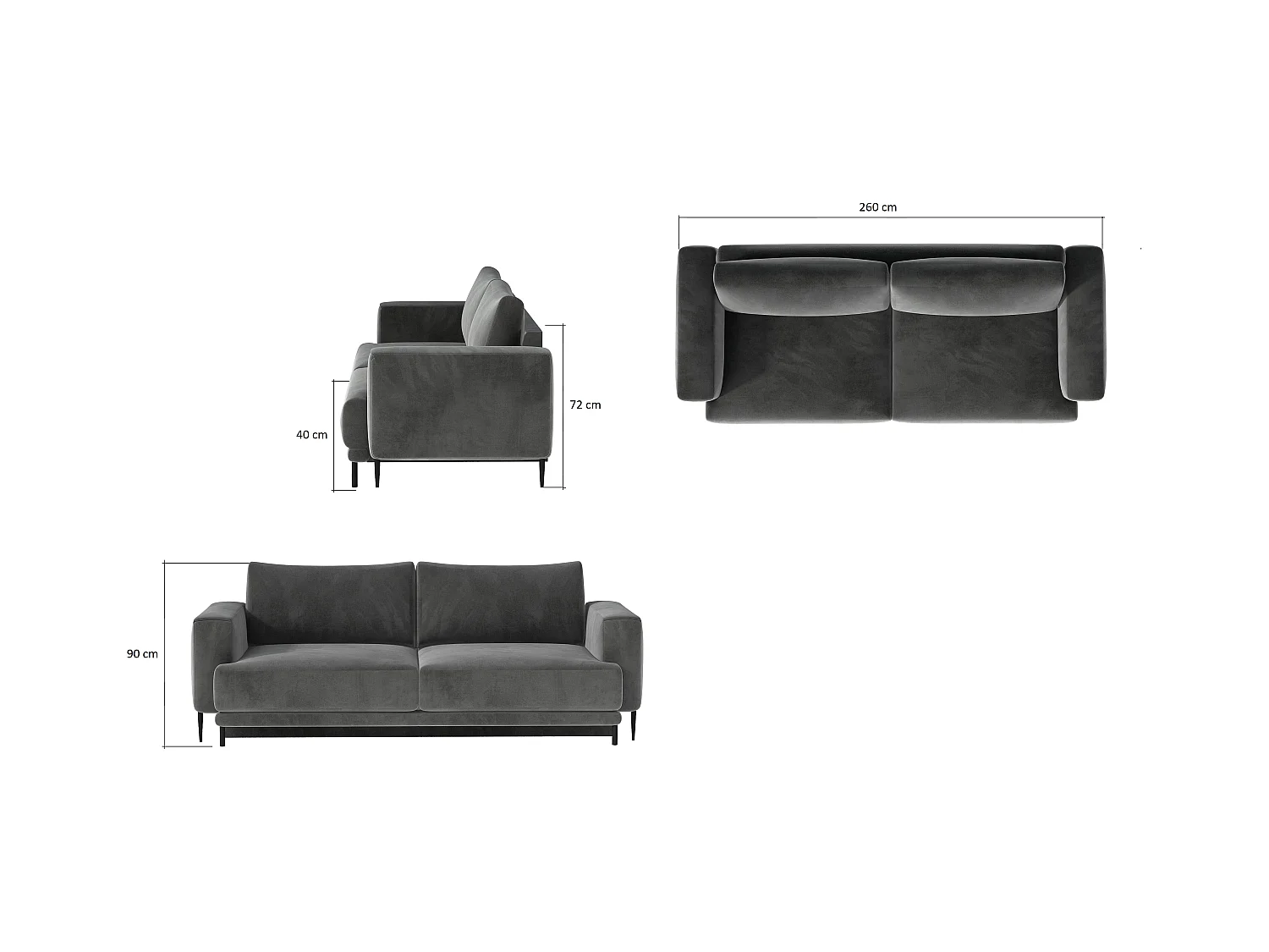 Canapé convertible design 4 places tissu doux vert bouteille et pieds métal noir Arkia 260cm