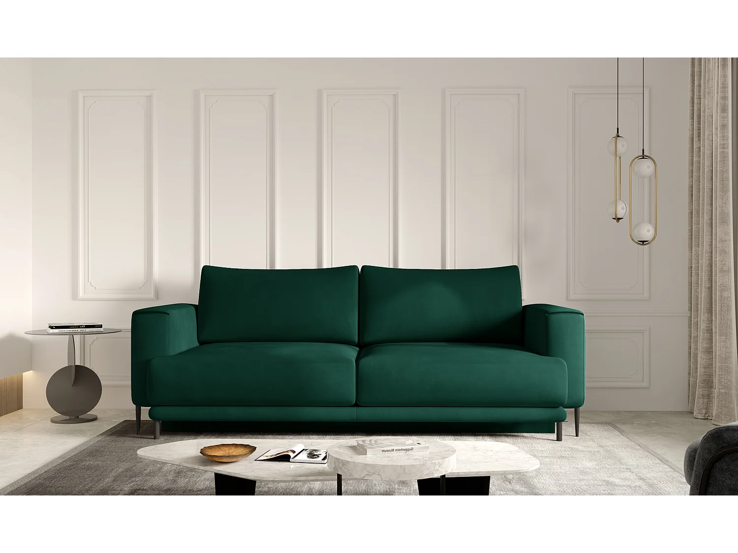 Canapé droit convertible 3 places velours DAVINA 246cm - Coffre & pieds métal noir-Vert foncé