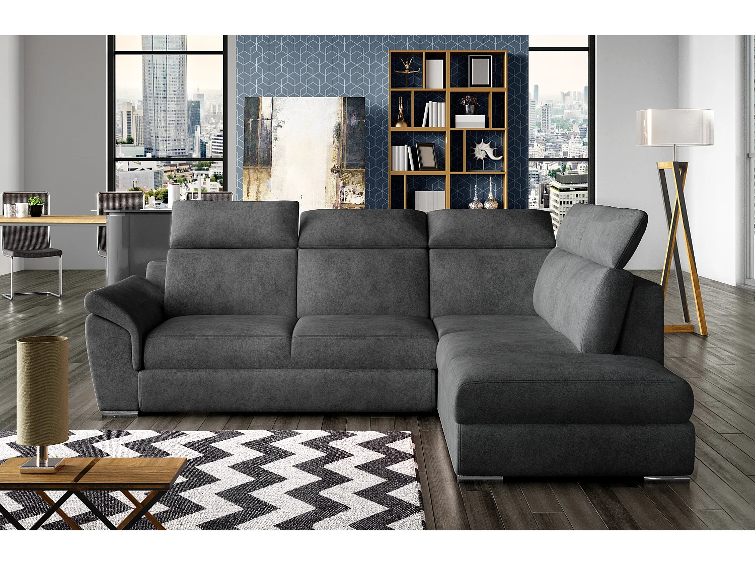 Canapé angle droit convertible tissu gris foncé avec appuis-tête réglables Kepita 260cm