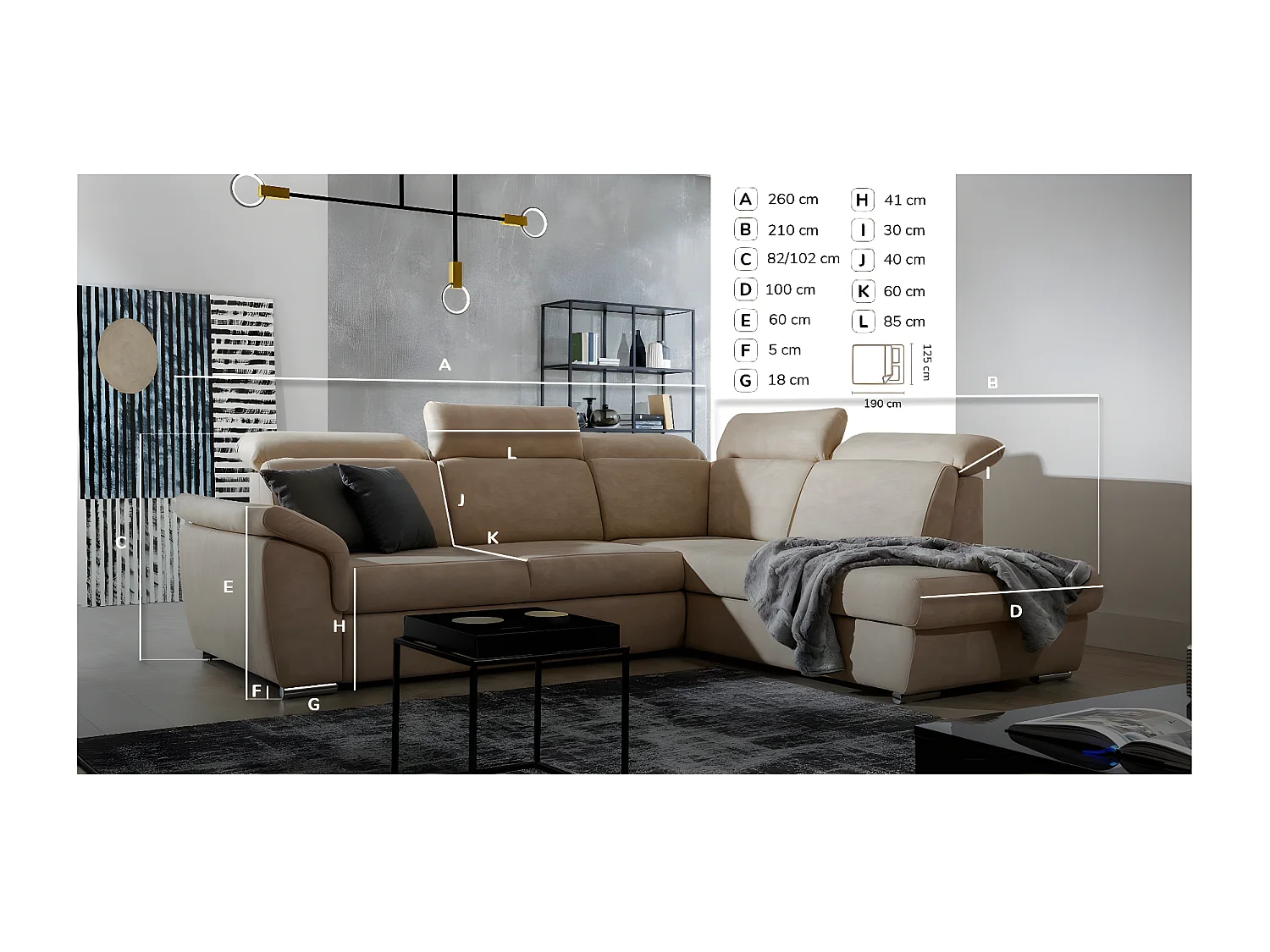 Canapé angle droit convertible tissu gris foncé avec appuis-tête réglables Kepita 260cm