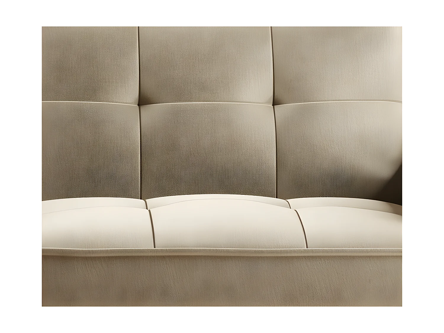 Canapé convertible 3 places tissu doux beige perlite capitonné et pieds bois noir Bizza 220cm