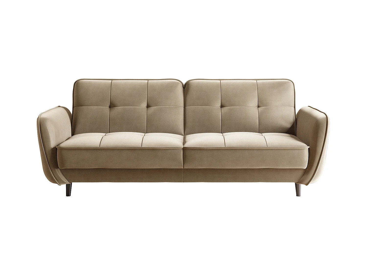 Canapé convertible 3 places tissu doux beige perlite capitonné et pieds bois noir Bizza 220cm