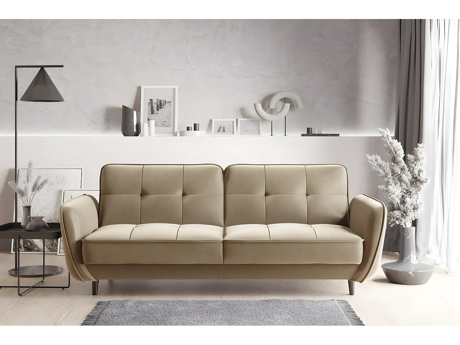 Canapé convertible 3 places tissu doux beige perlite capitonné et pieds bois noir Bizza 220cm