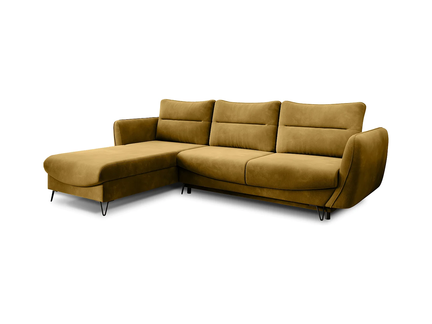 Canapé d'angle convertible tissu ZURIK - Coffre de rangement et pieds métal noir-Jaune miel-angle gauche
