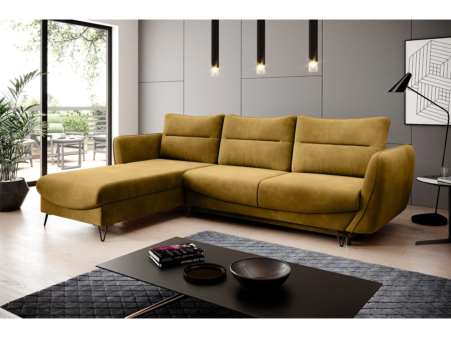 Canapé d'angle convertible tissu ZURIK - Coffre de rangement et pieds métal noir-Jaune miel-angle gauche