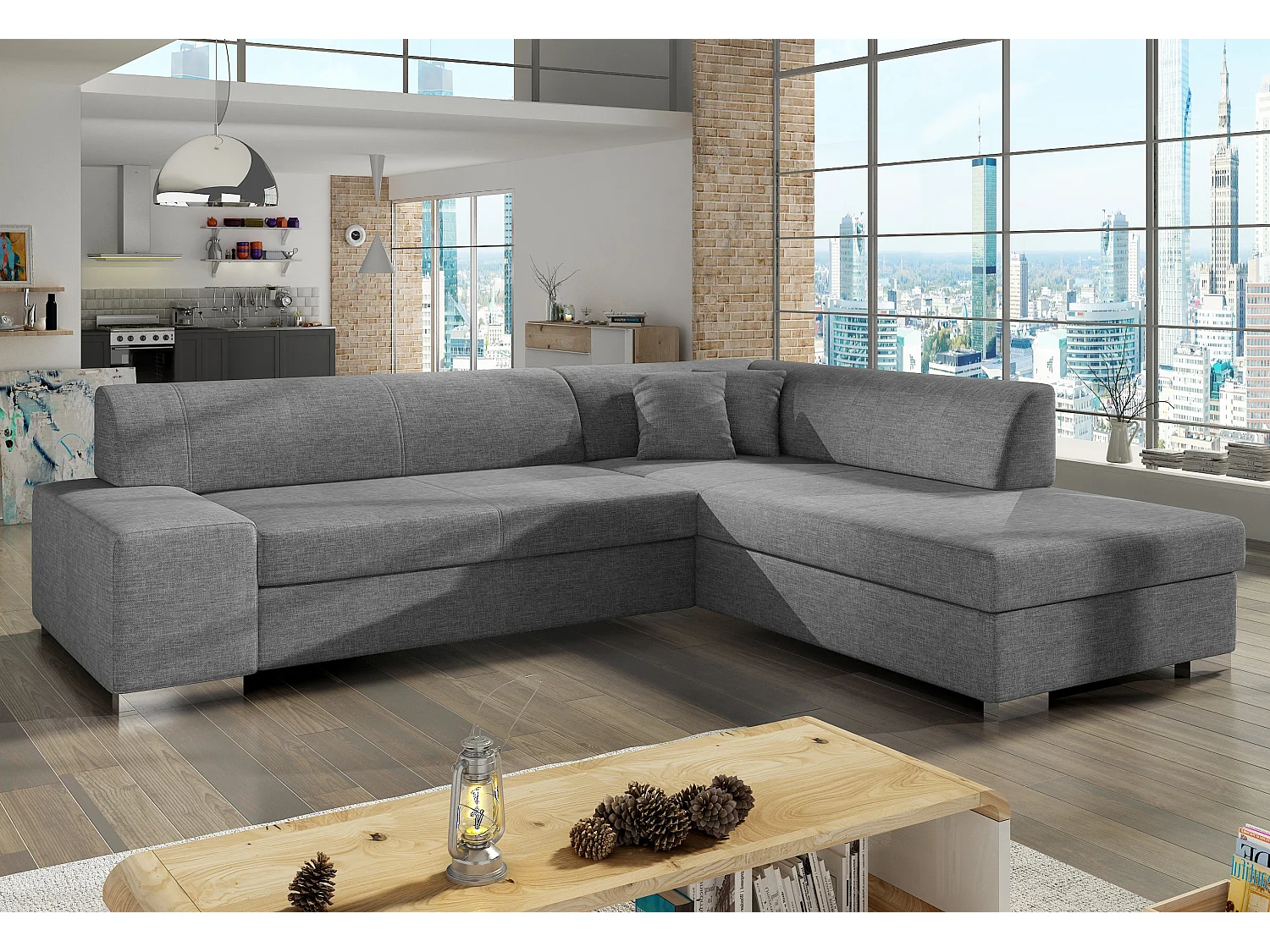 Moderne slaapbank haaks lichtgrijs gevlekt stof Plazo 278 cm