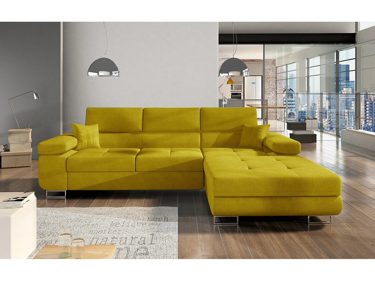 Canapé convertible d'angle droit tissu jaune avec rangement Wile 280cm