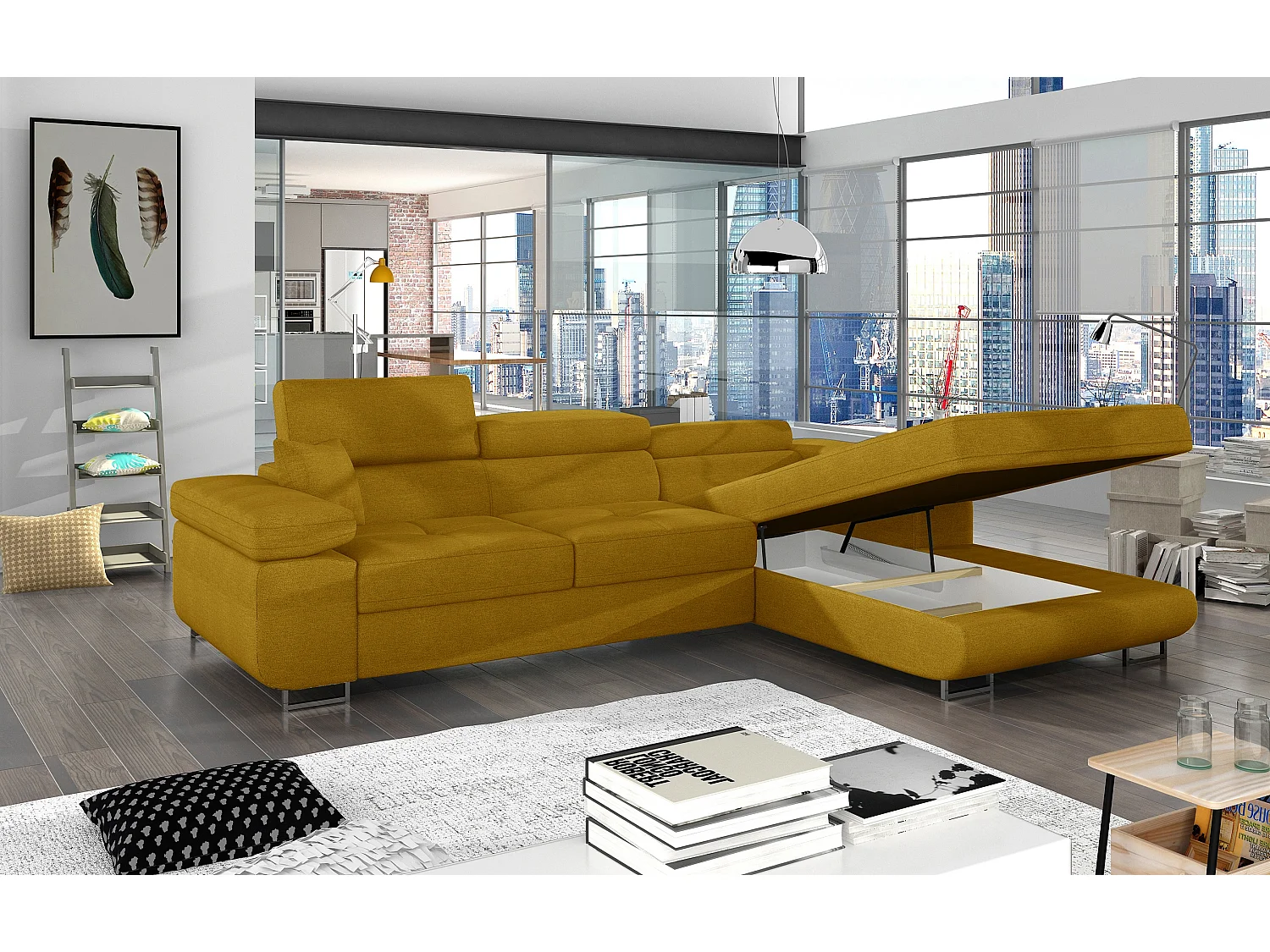 Hoekbank in stof Kalizo met verstelbare hoofdsteunen - Converteerbaar en kofferbak-Kleur Buff geel-juiste hoek