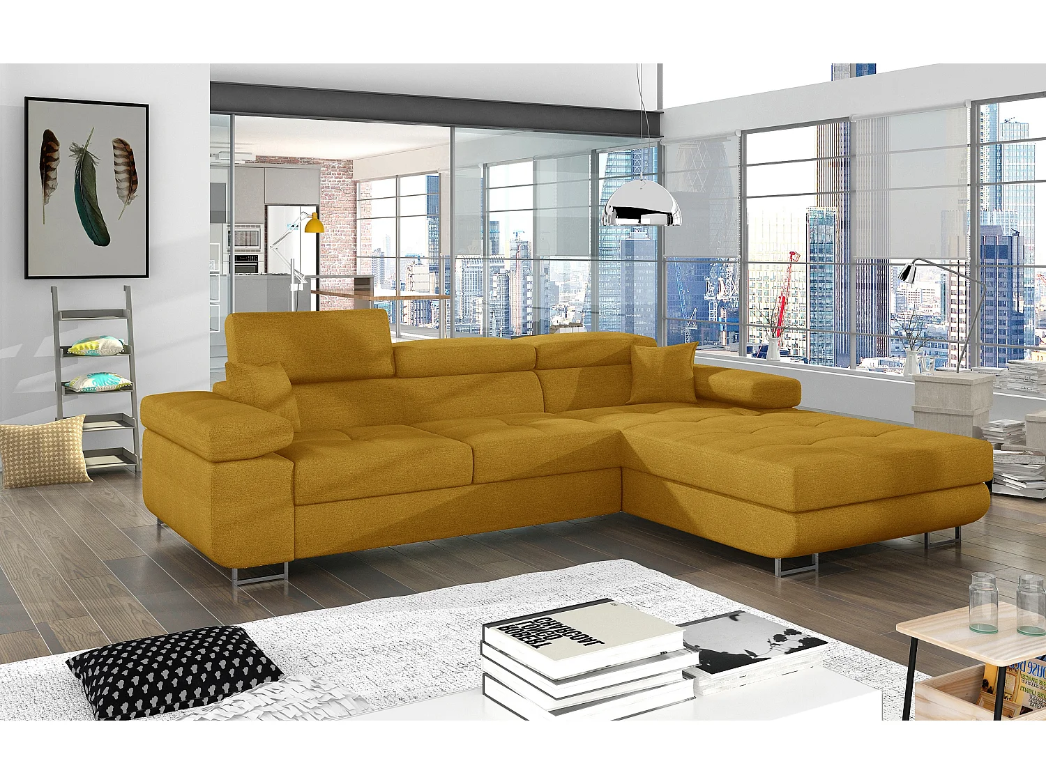 Canapé d'angle convertible tissu appuis-tête réglables KALIZO - Coffre et pieds acier chromé-Jaune chamoix-angle droit