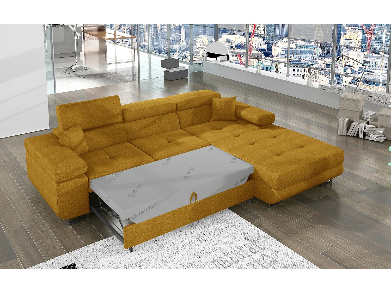 Canapé d'angle convertible tissu appuis-tête réglables KALIZO - Coffre et pieds acier chromé-Jaune chamoix-angle droit