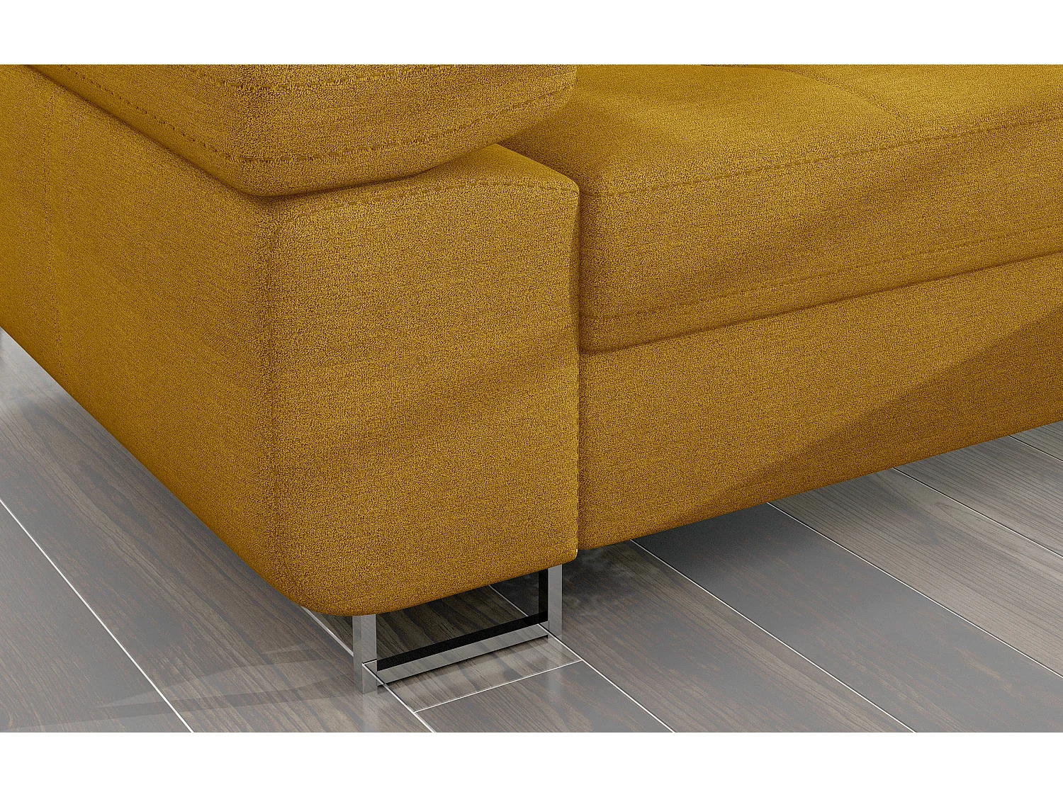 Canapé d'angle convertible tissu appuis-tête réglables KALIZO - Coffre et pieds acier chromé-Jaune chamoix-angle droit