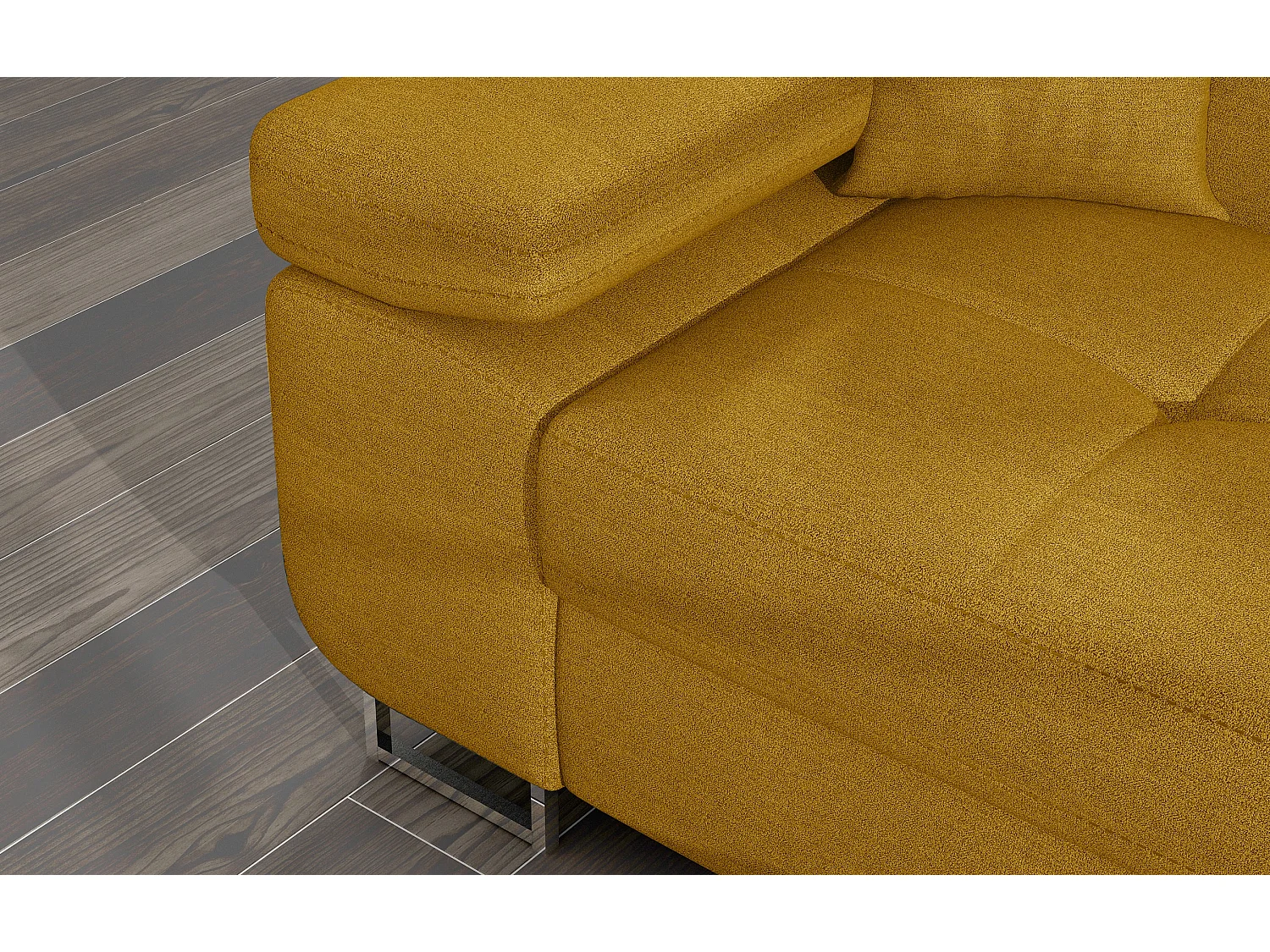 Canapé d'angle convertible tissu appuis-tête réglables KALIZO - Coffre et pieds acier chromé-Jaune chamoix-angle droit