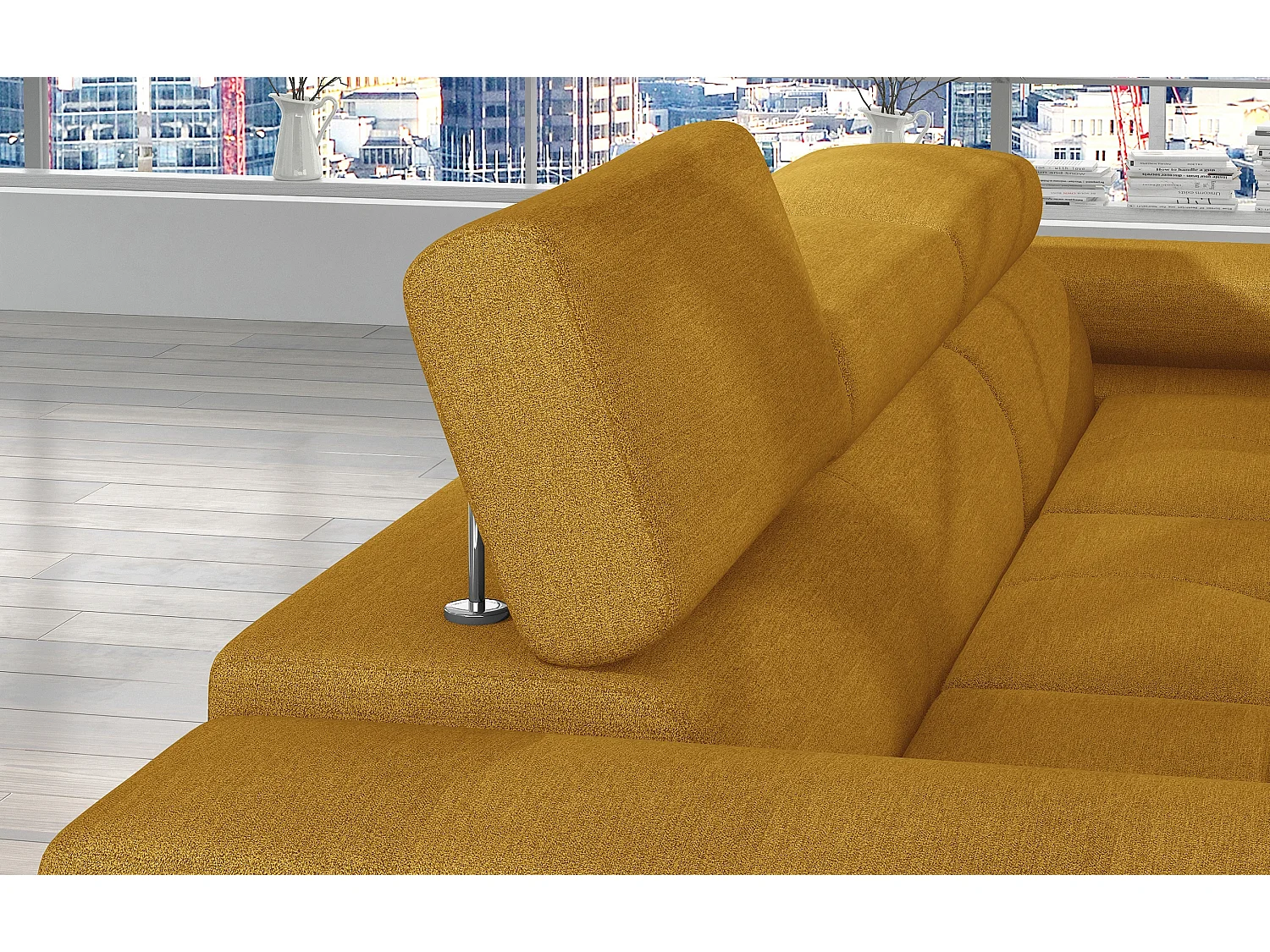 Canapé d'angle convertible tissu appuis-tête réglables KALIZO - Coffre et pieds acier chromé-Jaune chamoix-angle droit