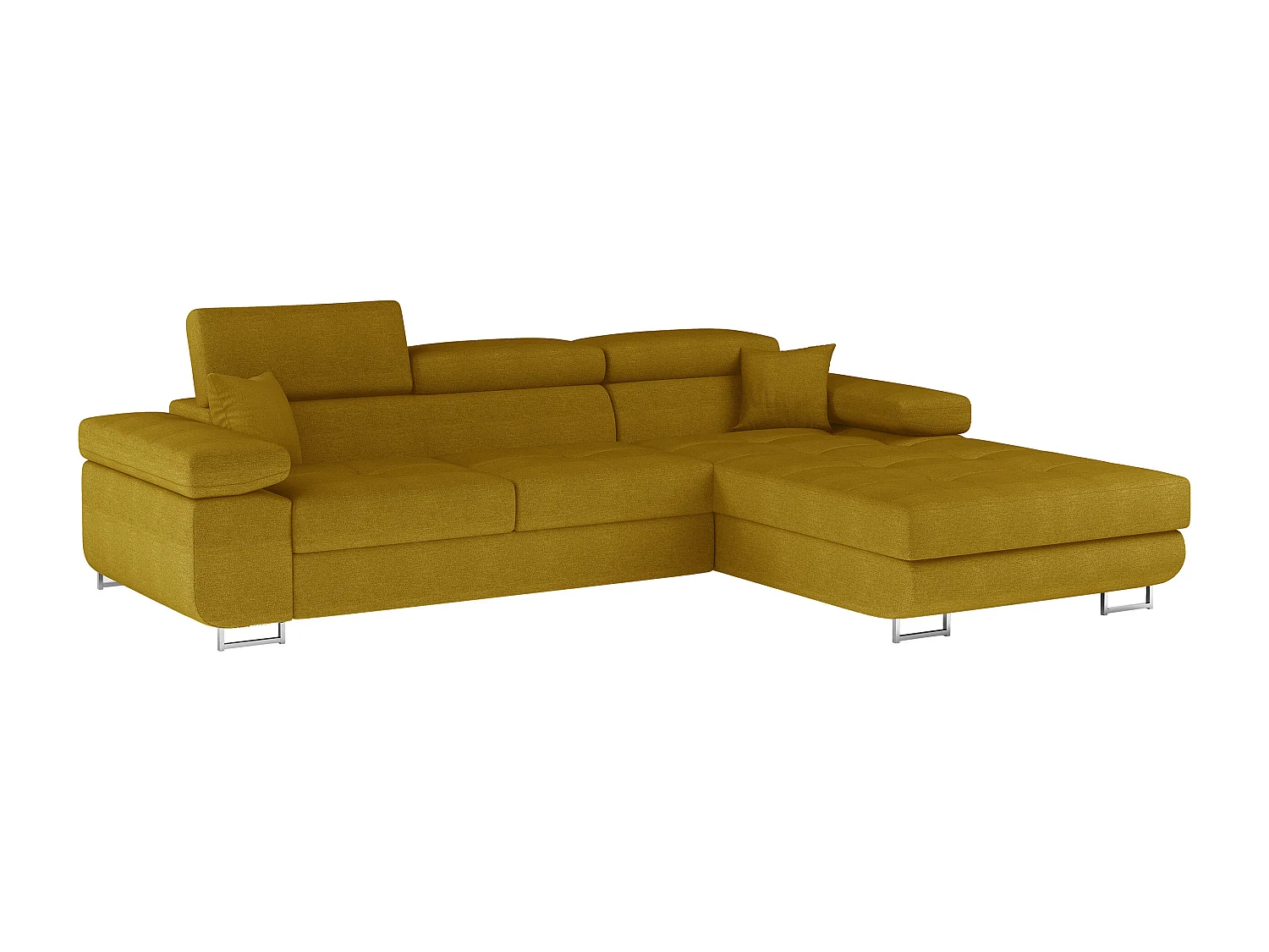 Canapé d'angle convertible tissu appuis-tête réglables KALIZO - Coffre et pieds acier chromé-Jaune chamoix-angle droit