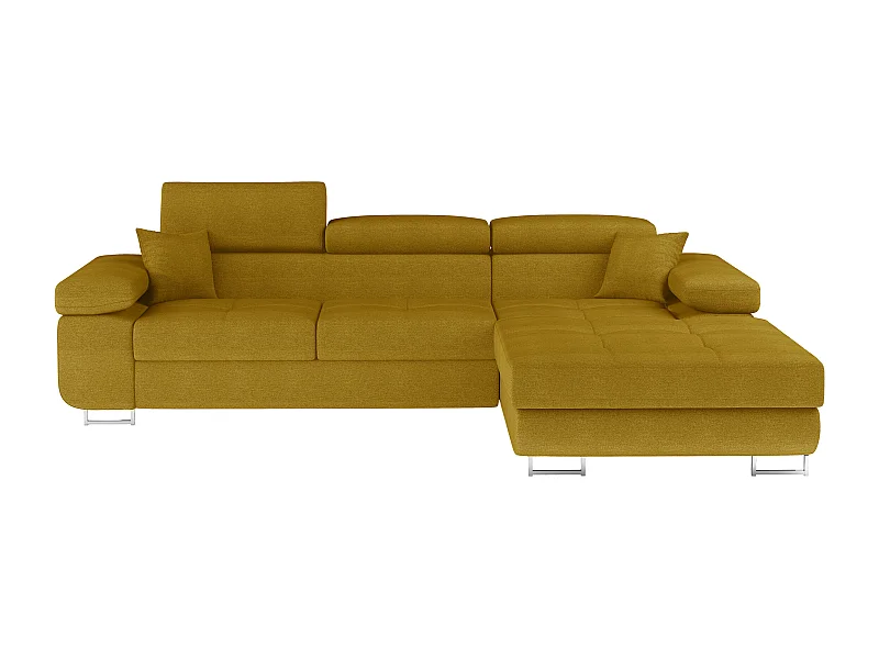 Canapé d'angle convertible tissu appuis-tête réglables KALIZO - Coffre et pieds acier chromé-Jaune chamoix-angle droit