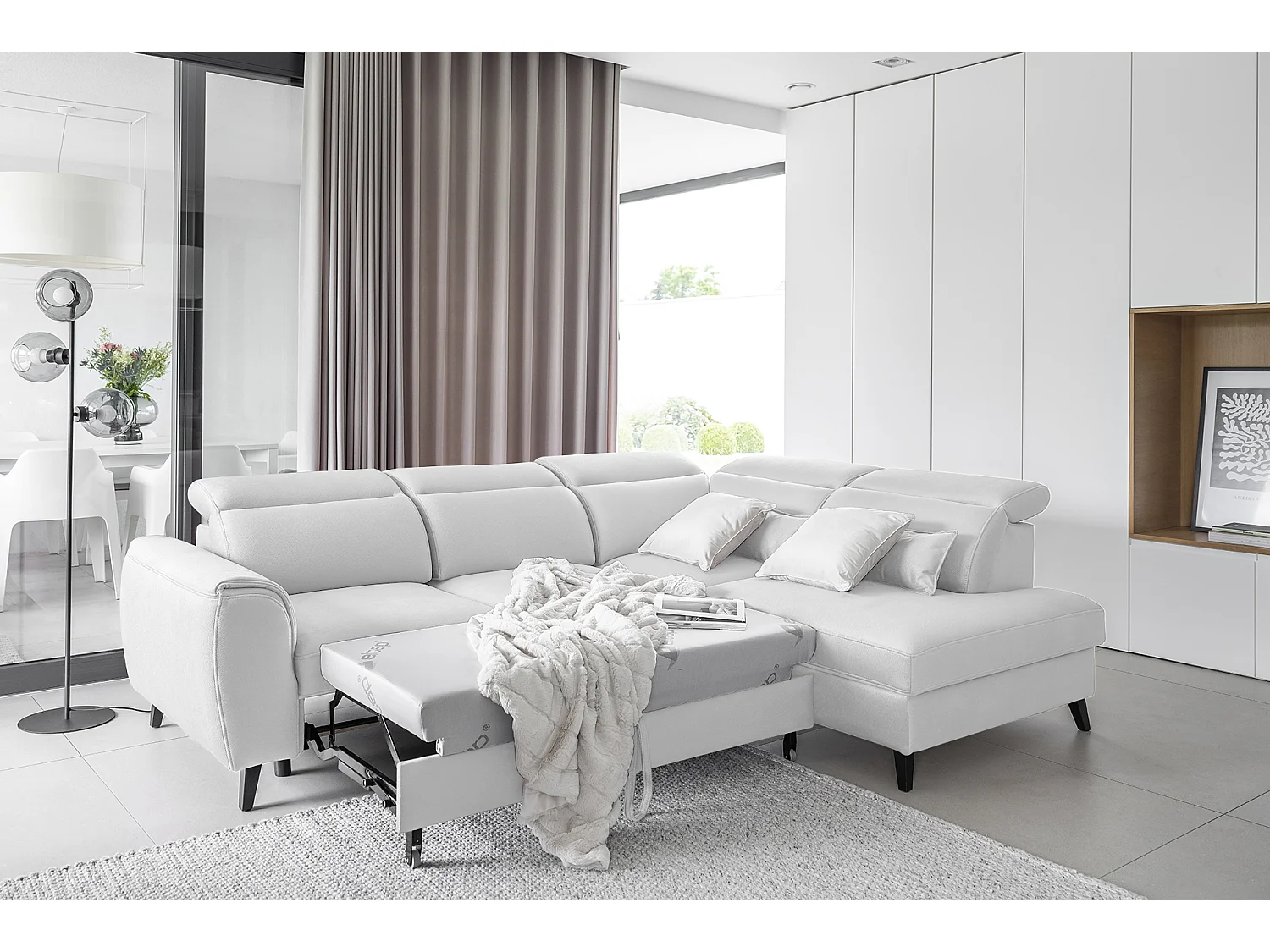 Canapé d'angle droit convertible tissu gris clair Noblesse 255cm