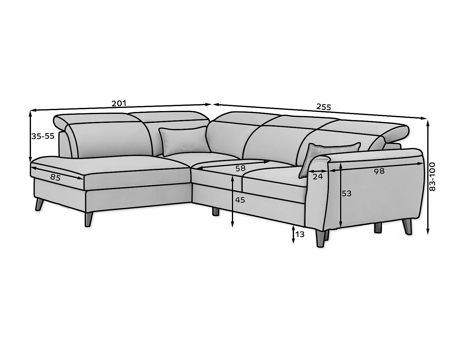 Canapé d'angle droit convertible tissu gris clair Noblesse 255cm