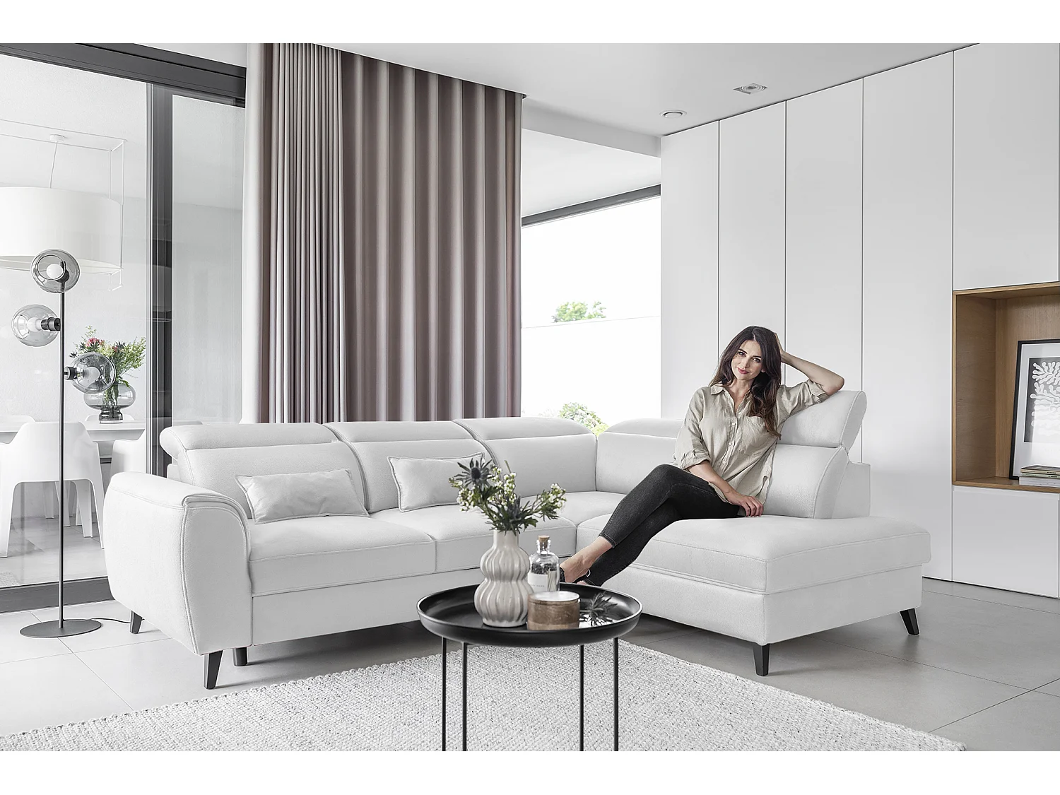 Canapé d'angle droit convertible tissu gris clair Noblesse 255cm