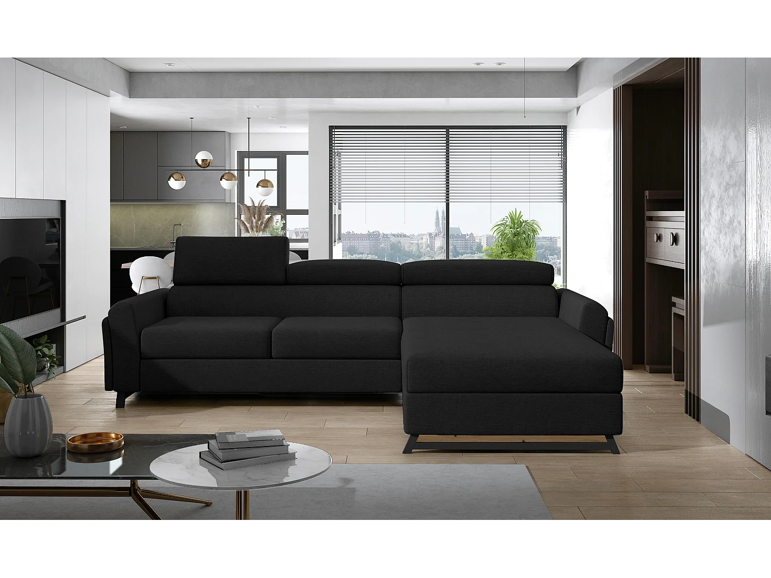 Canapé angle droit convertible tissu noir avec appuis-tête réglables Mazerali 300cm