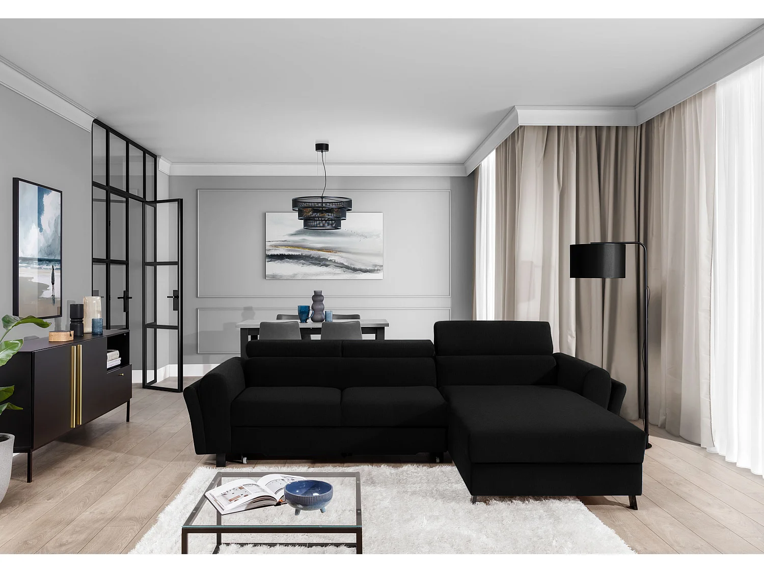 Canapé d’angle convertible MAZALI tissu- Appuis-tête réglables et rangement-Noir-Méridienne A droite