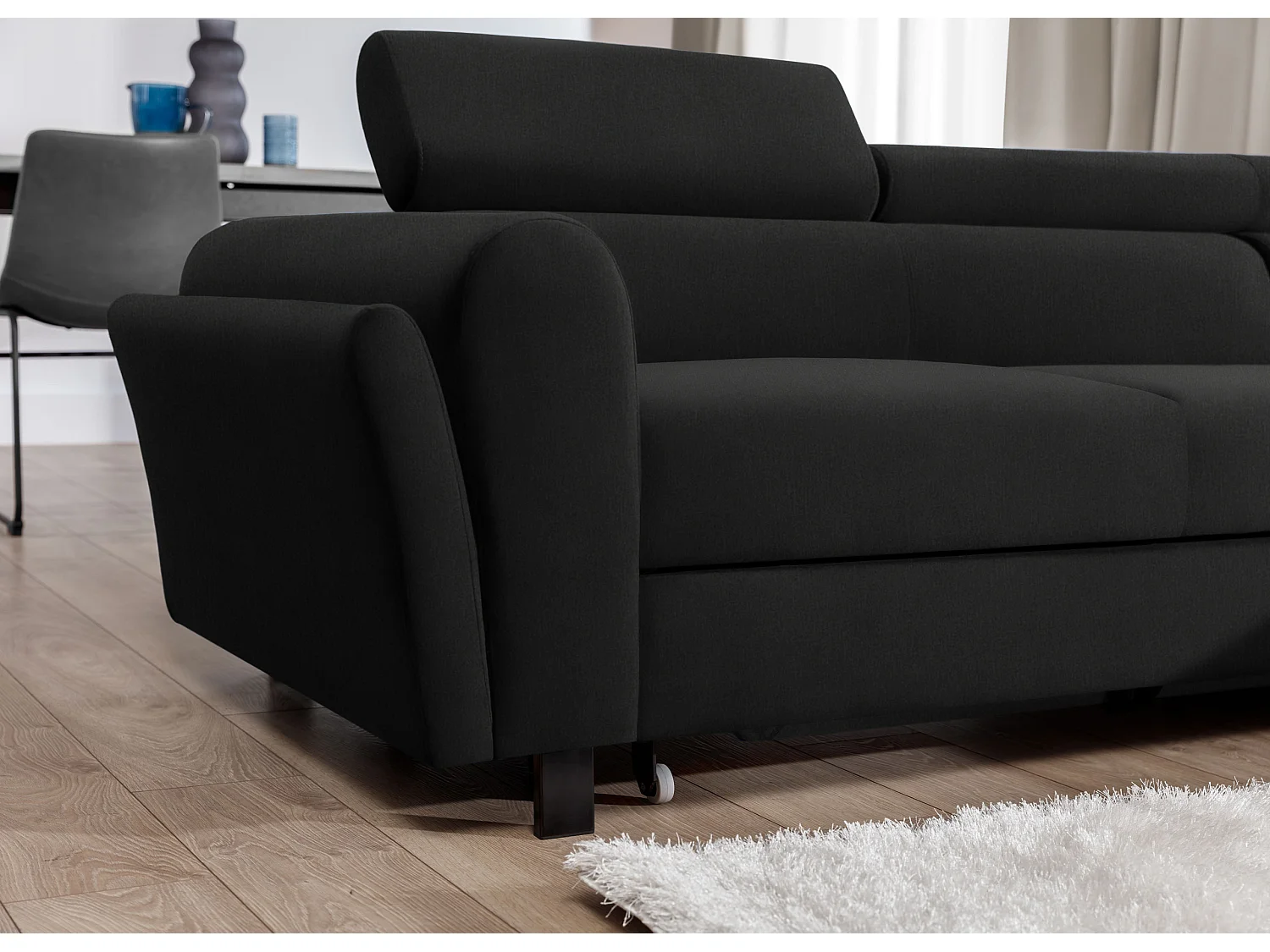 Canapé d’angle convertible MAZALI tissu- Appuis-tête réglables et rangement-Noir-Méridienne A droite