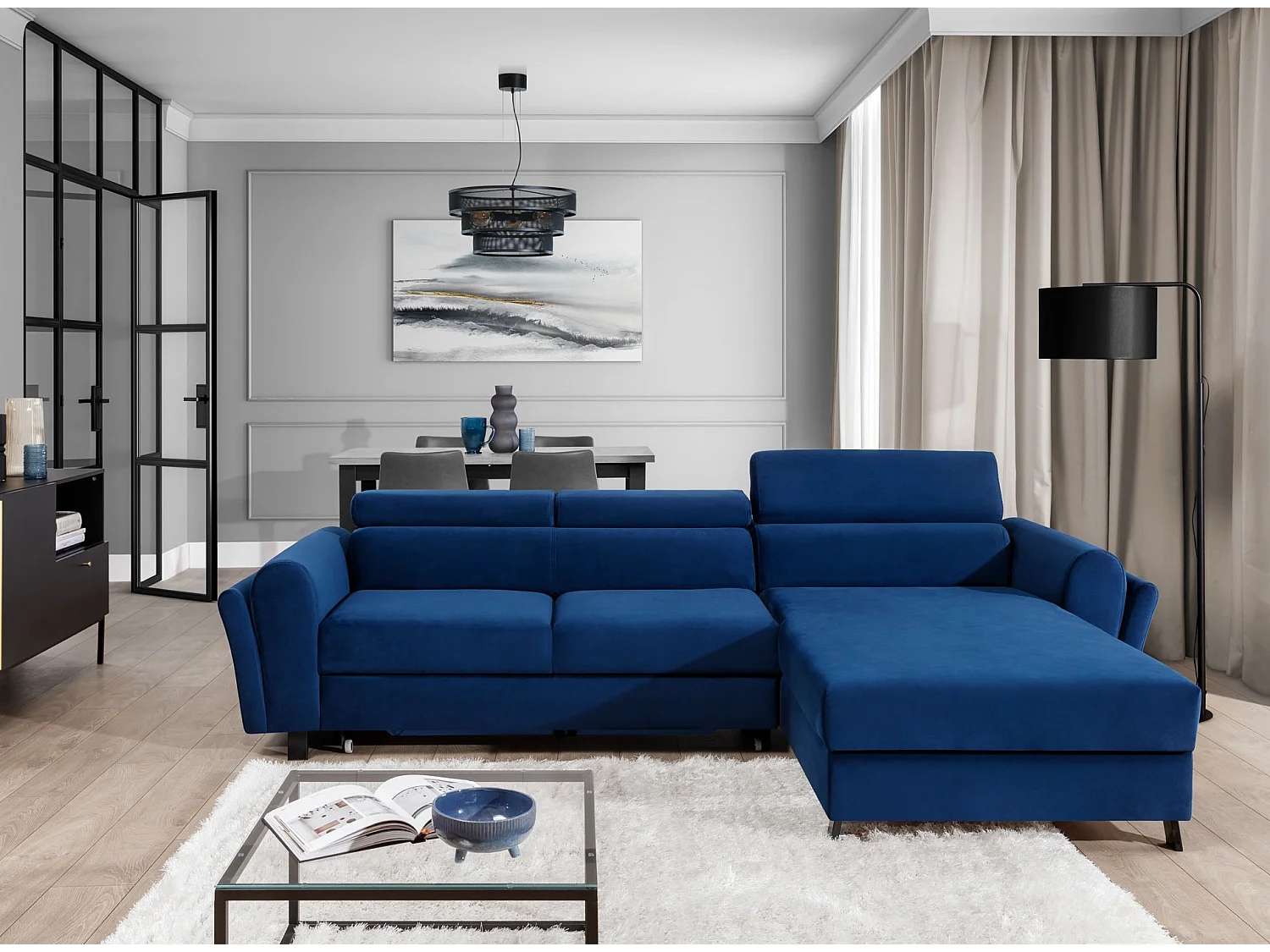 Canapé d’angle convertible MAZALI tissu- Appuis-tête réglables et rangement-Noir-Méridienne A droite