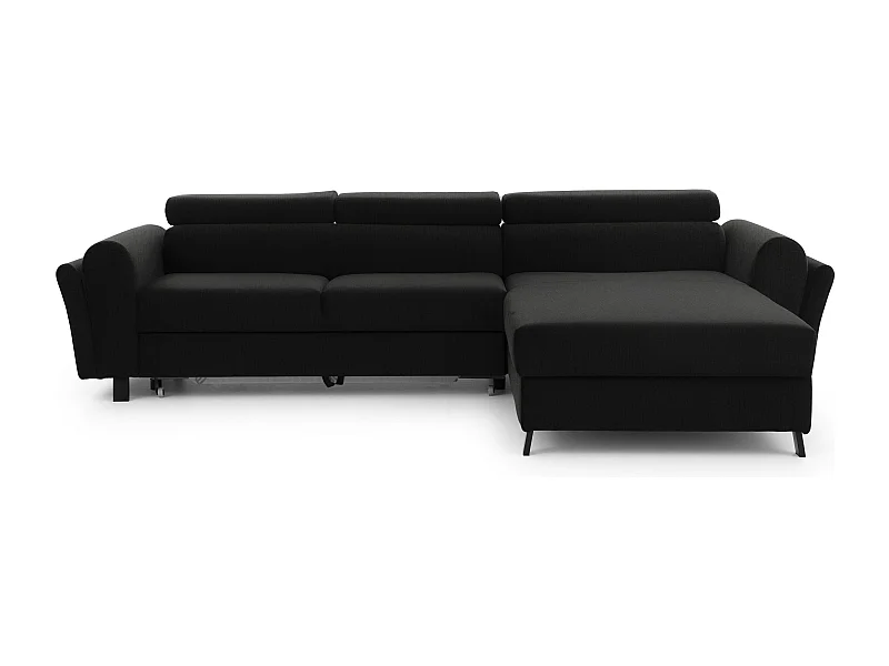 Canapé d’angle convertible MAZALI tissu- Appuis-tête réglables et rangement-Noir-Méridienne A droite