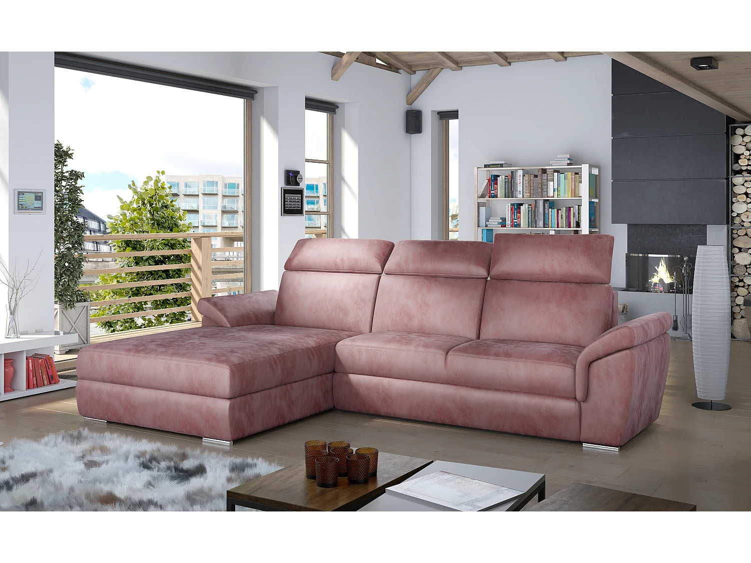 Linker hoekbank koper roze fluweel verstelbare hoofdsteunen Suzy 272 cm