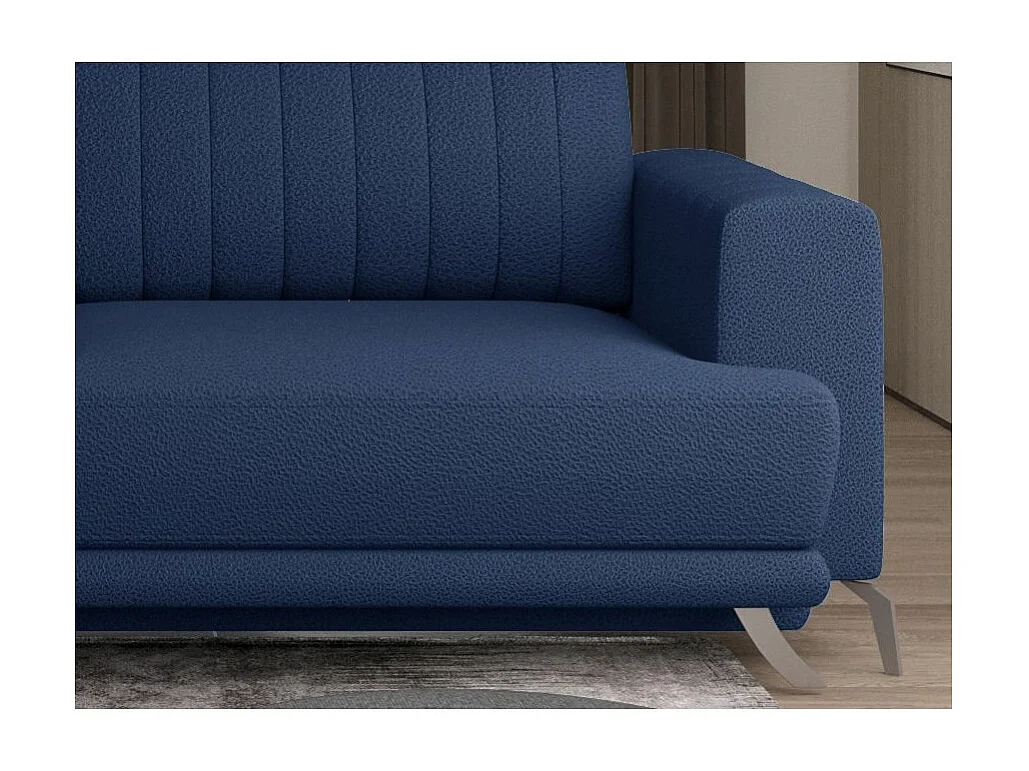 Canapé convertible design 3-4 places tissu bleu turquin et pieds acier chromé Eliza 250cm