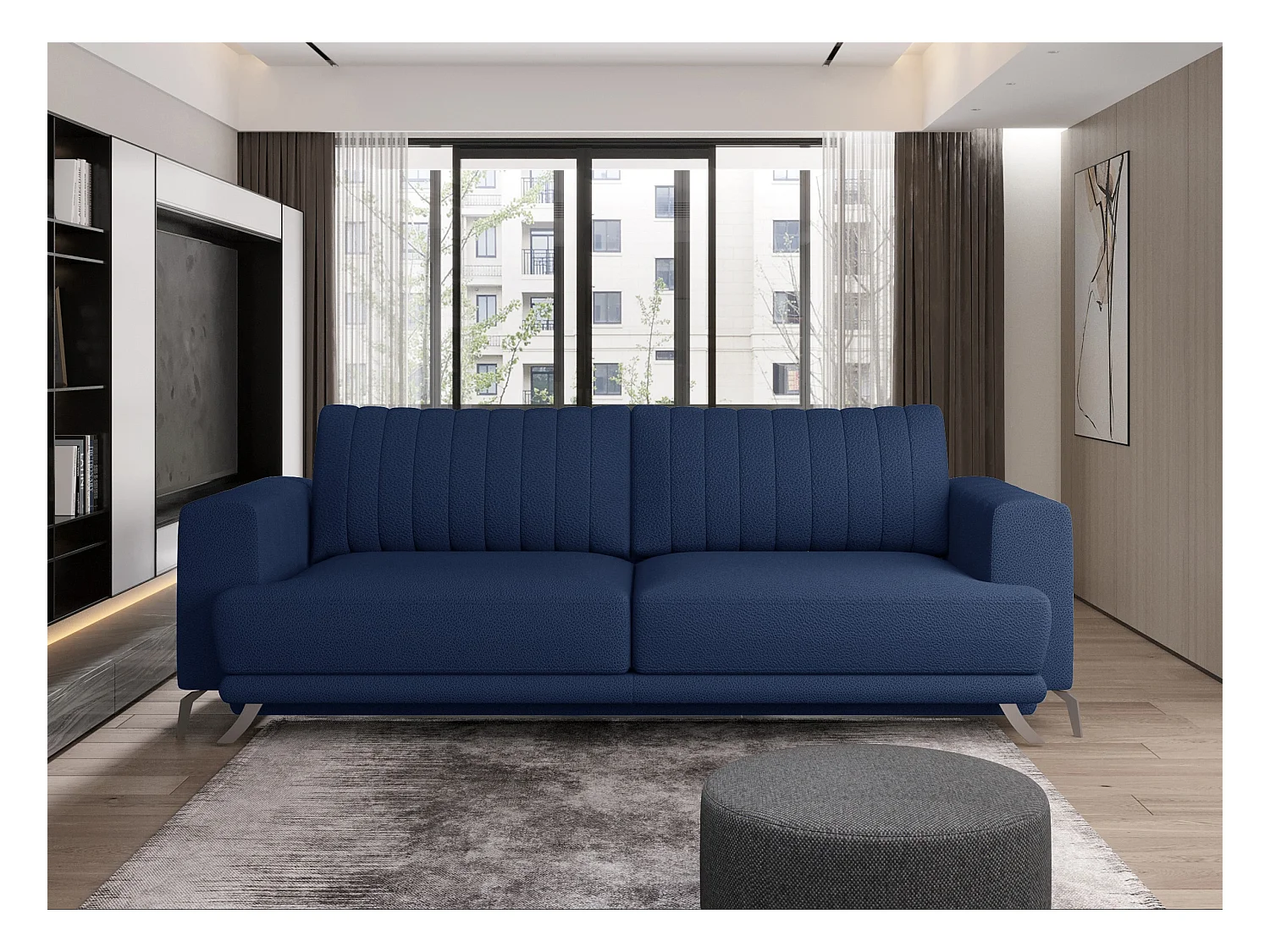 Canapé convertible design 3-4 places tissu bleu turquin et pieds acier chromé Eliza 250cm