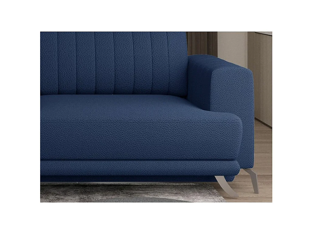 Canapé convertible design 3-4 places tissu bleu turquin et pieds acier chromé Eliza 250cm