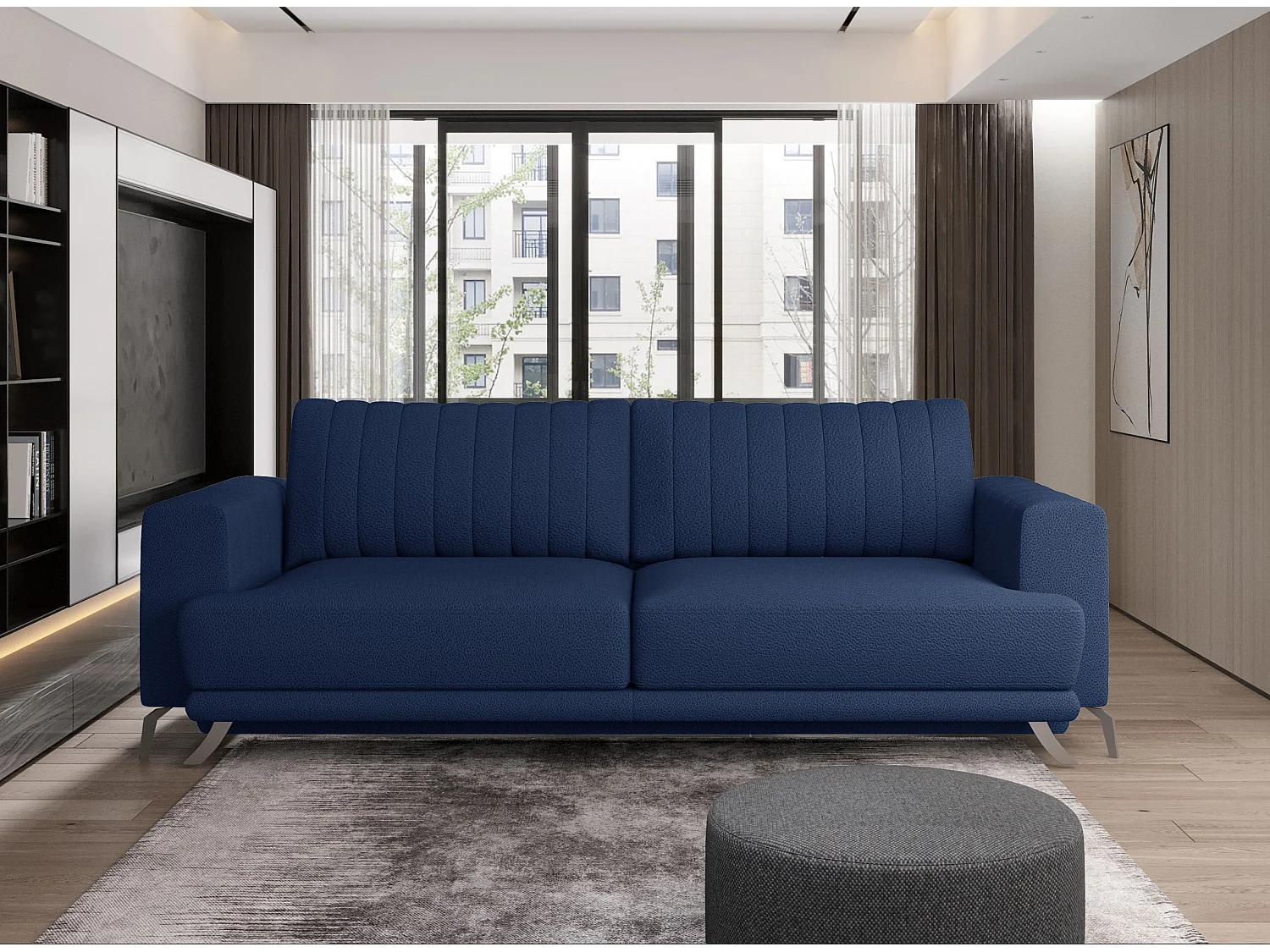 Canapé convertible design 3-4 places tissu bleu turquin et pieds acier chromé Eliza 250cm