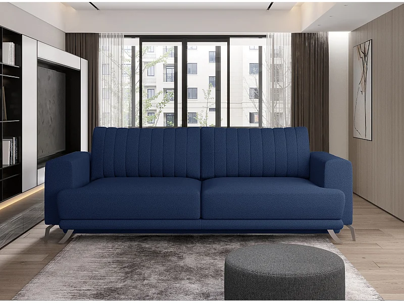 Canapé convertible design 3-4 places tissu bleu turquin et pieds acier chromé Eliza 250cm