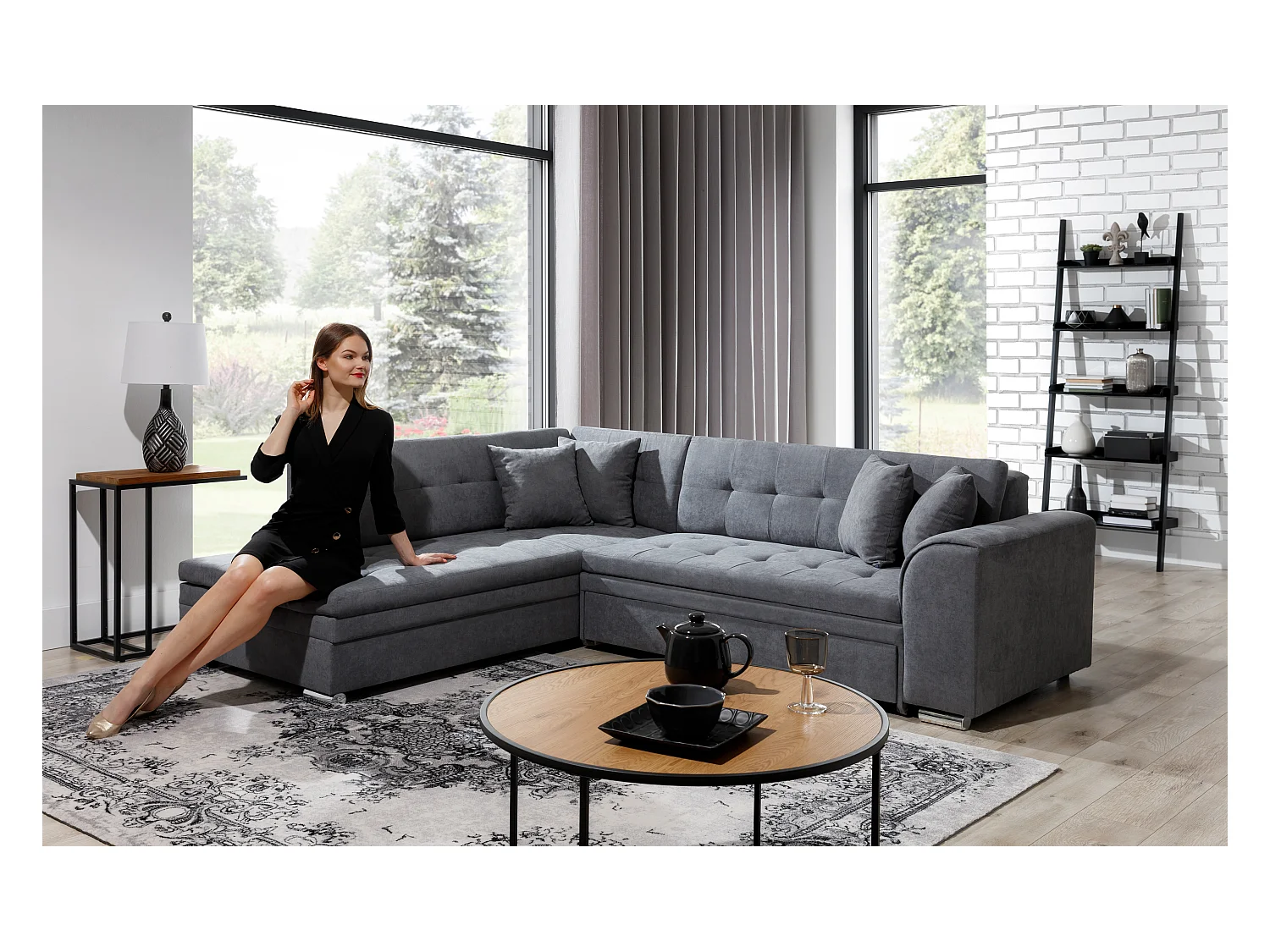 Canapé convertible angle droit tissu gris clair et chromé Pika 260cm