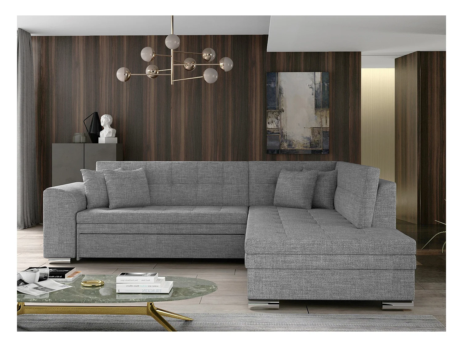 Canapé convertible angle droit tissu gris clair et chromé Pika 260cm