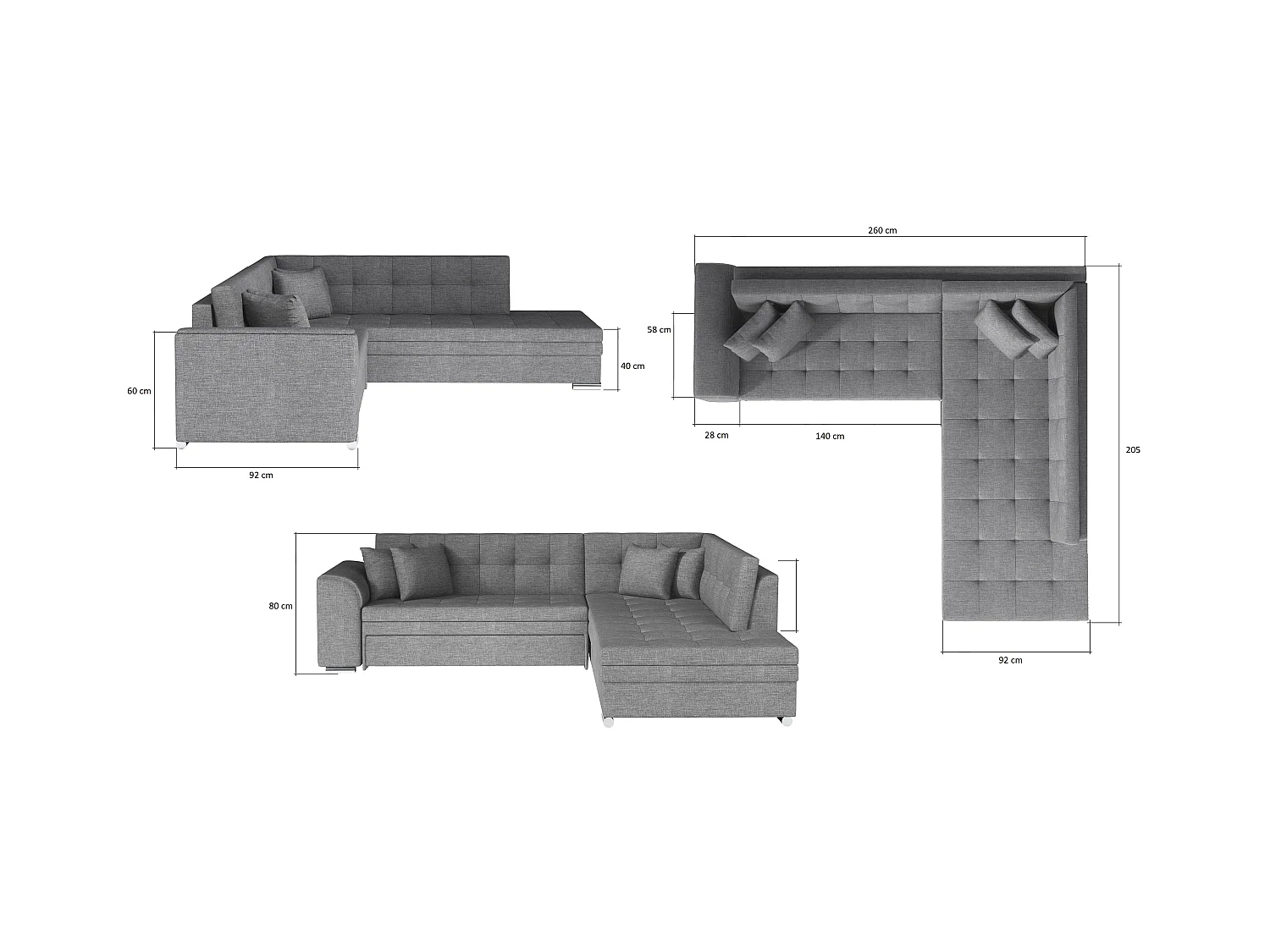 Canapé convertible angle droit tissu gris clair et chromé Pika 260cm
