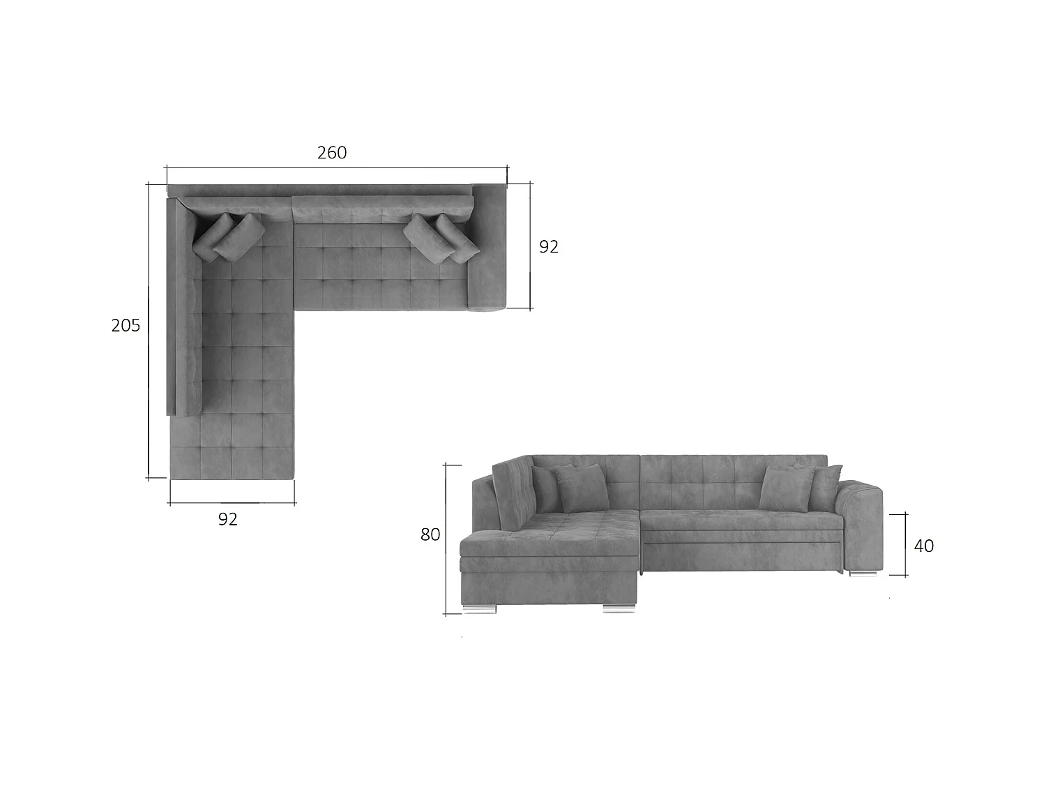Canapé convertible angle droit tissu gris clair et chromé Pika 260cm