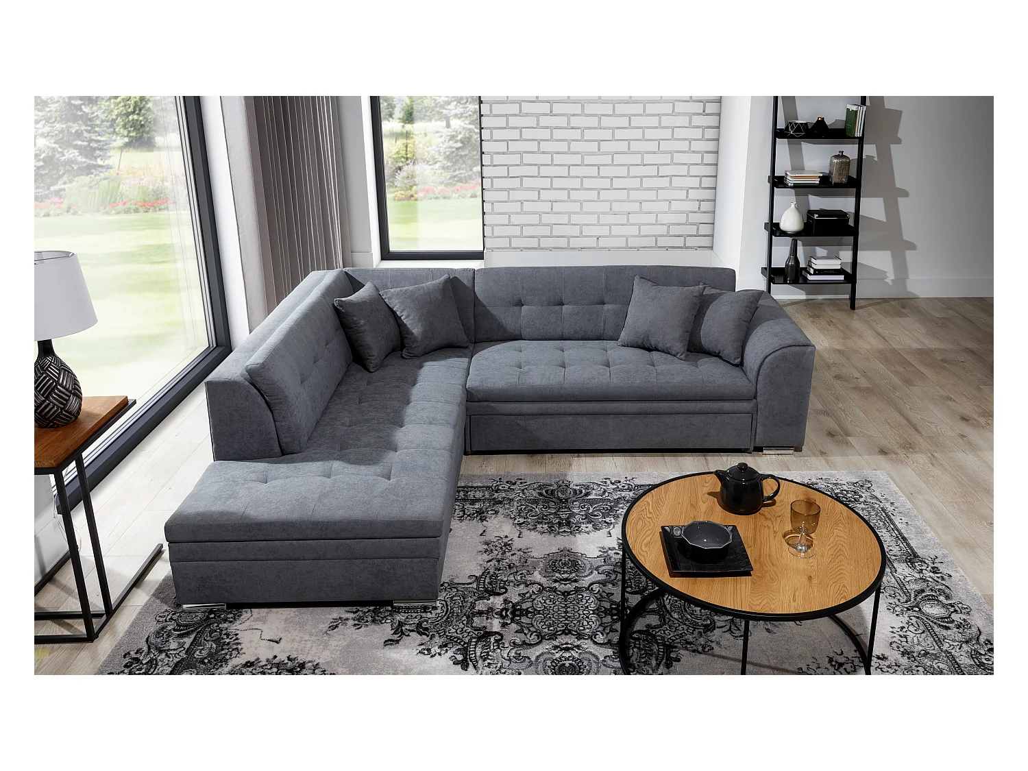Canapé convertible angle droit tissu gris clair et chromé Pika 260cm
