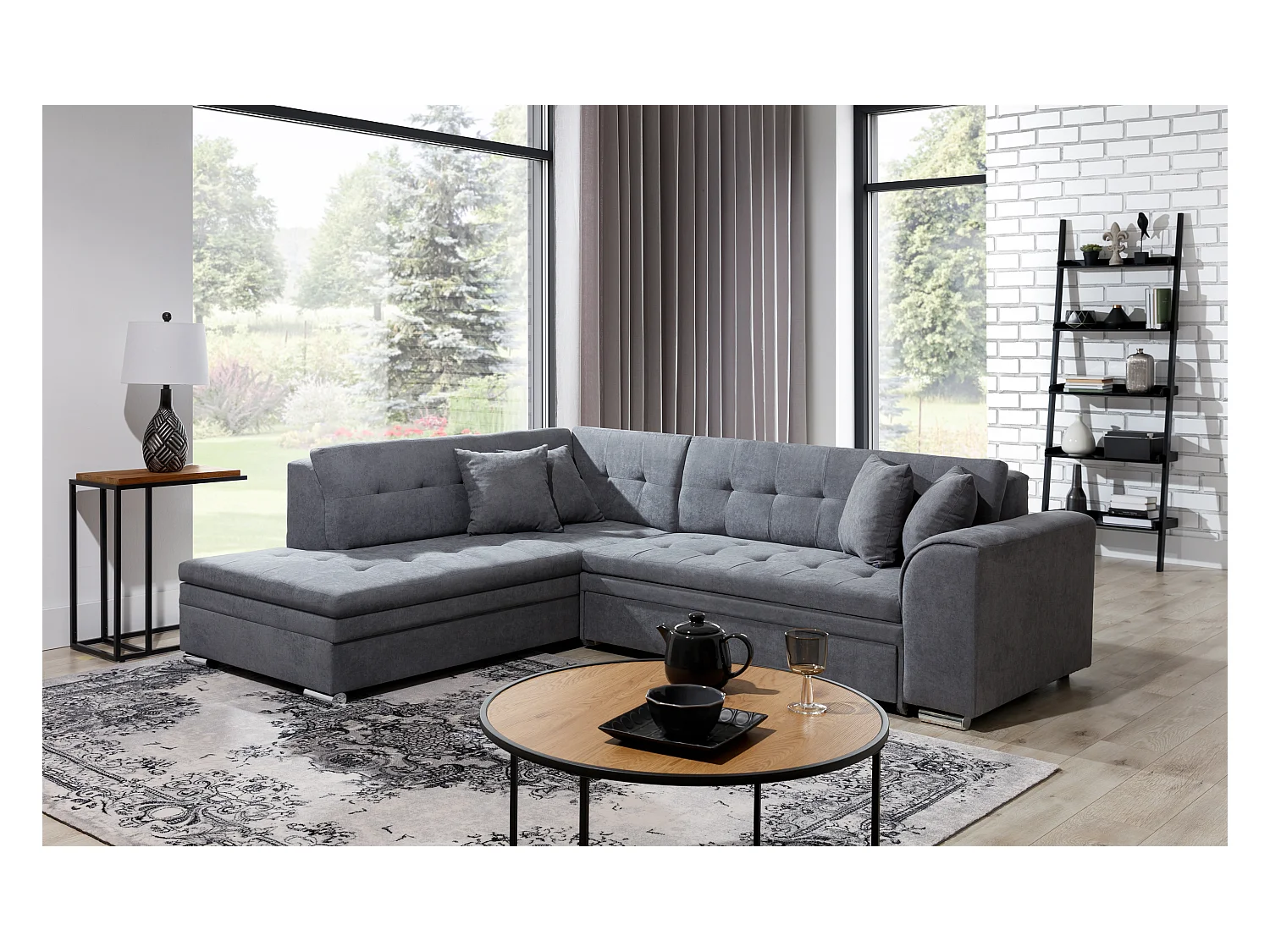 Canapé convertible angle droit tissu gris clair et chromé Pika 260cm