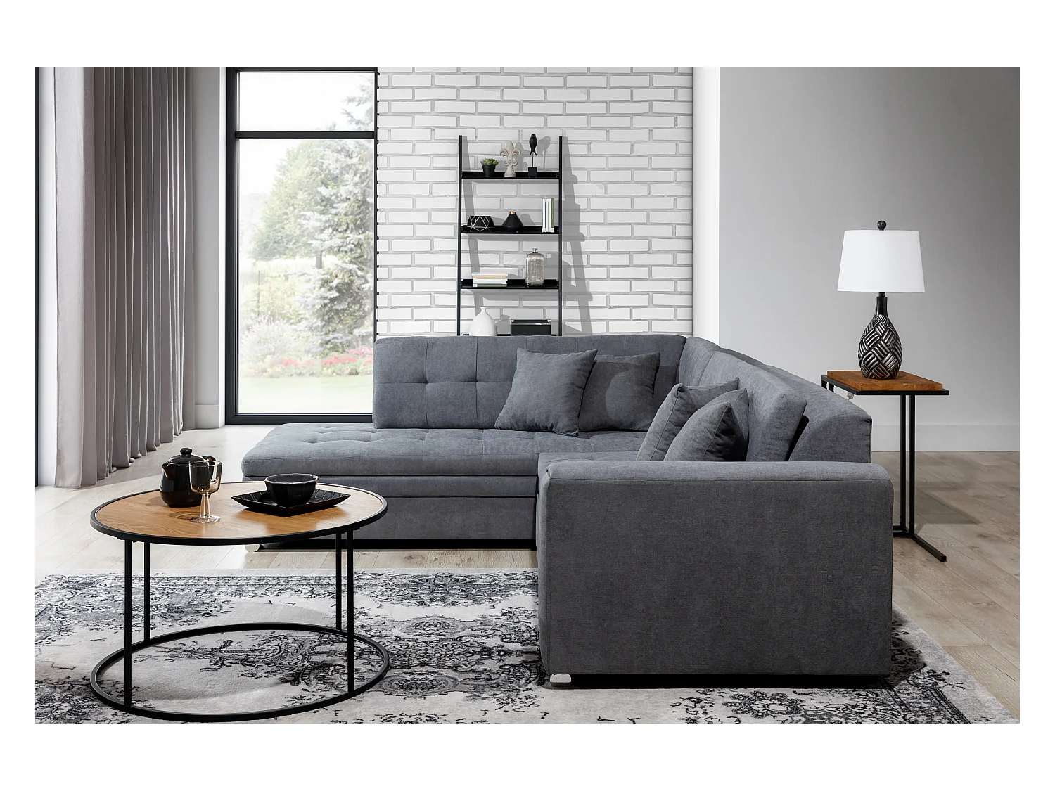 Canapé convertible angle droit tissu gris clair et chromé Pika 260cm