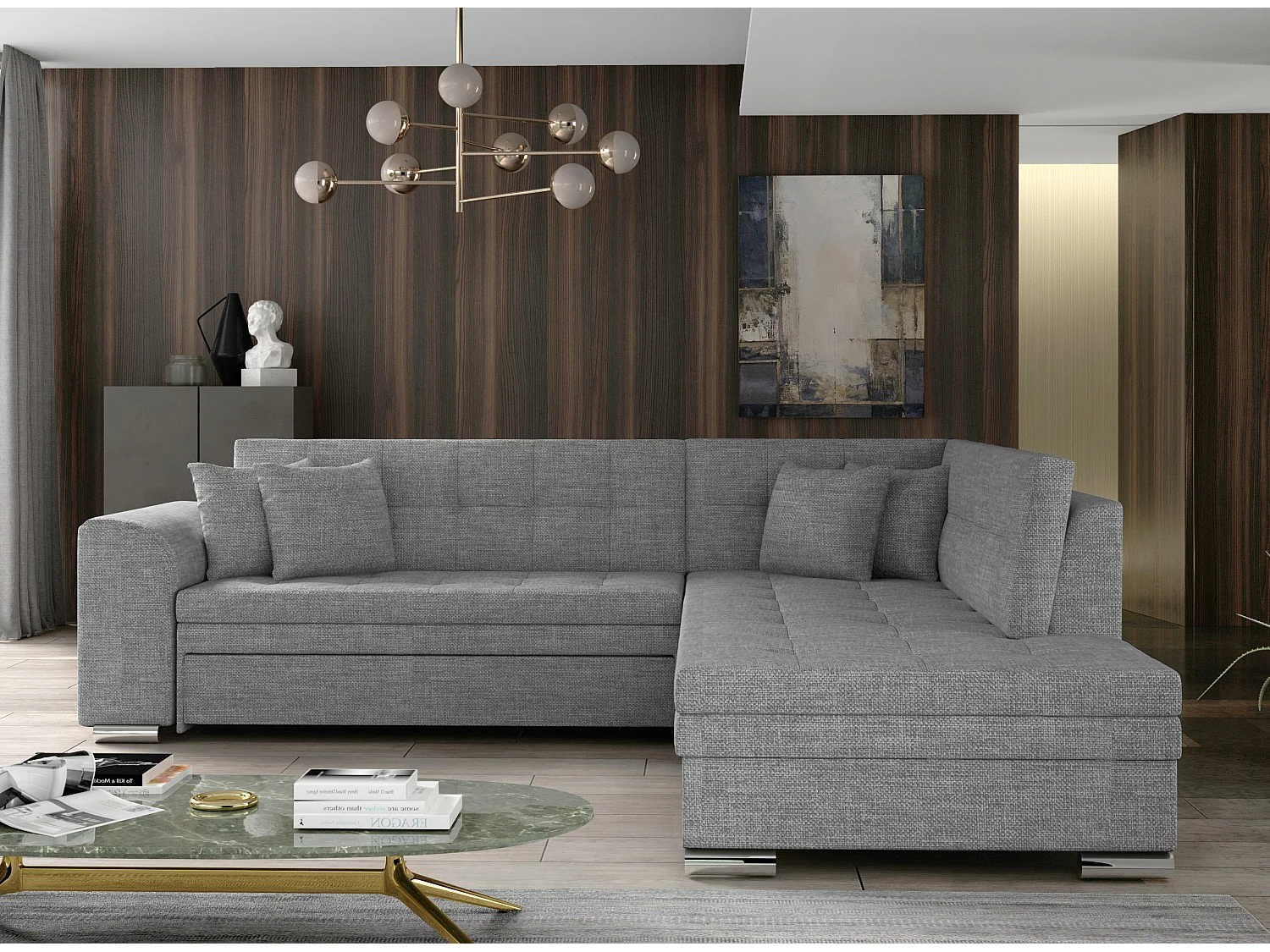 Canapé convertible angle droit tissu gris clair et chromé Pika 260cm