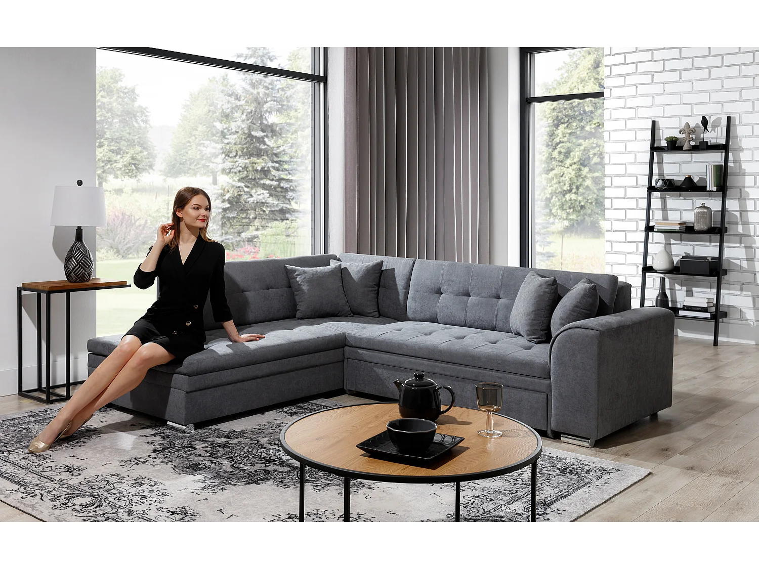 Canapé convertible angle droit tissu gris clair et chromé Pika 260cm