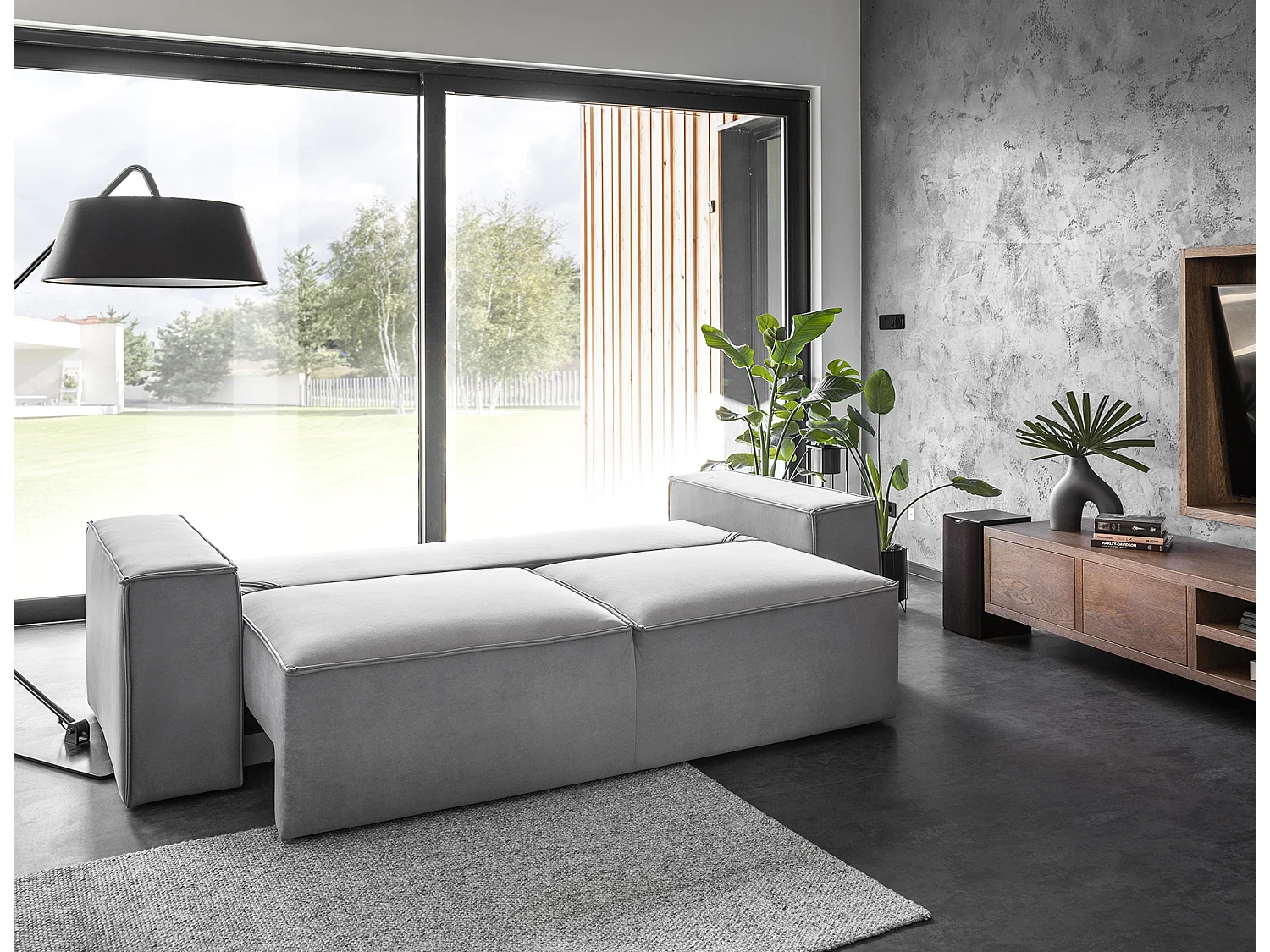 Grand canapé convertible en velours WILACE - Confort moderne et élégant-Taupe