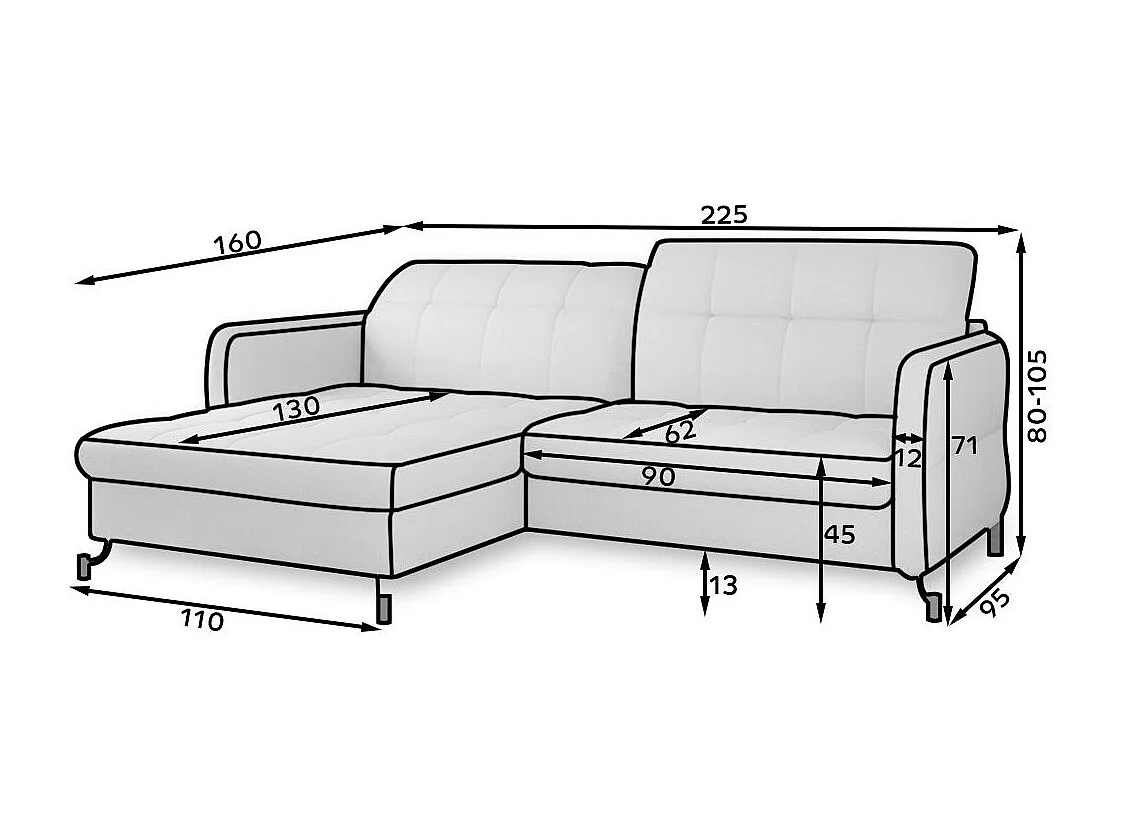 Canapé convertible angle gauche avec têtières réglables velours matelassé gris anthracite Lory 225cm