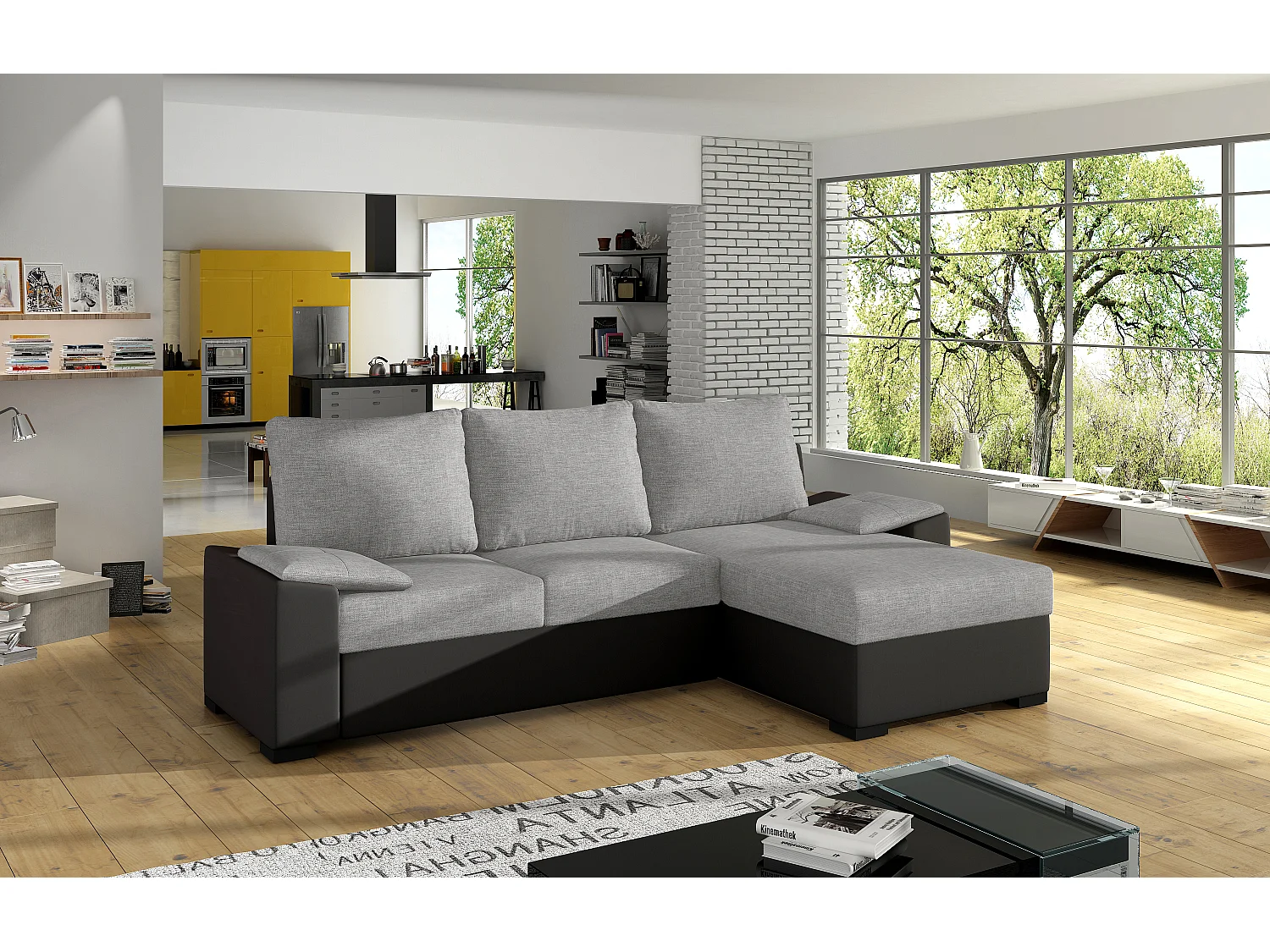 Canapé angle convertible et réversible tissu gris clair et simili noir Luzo 245cm