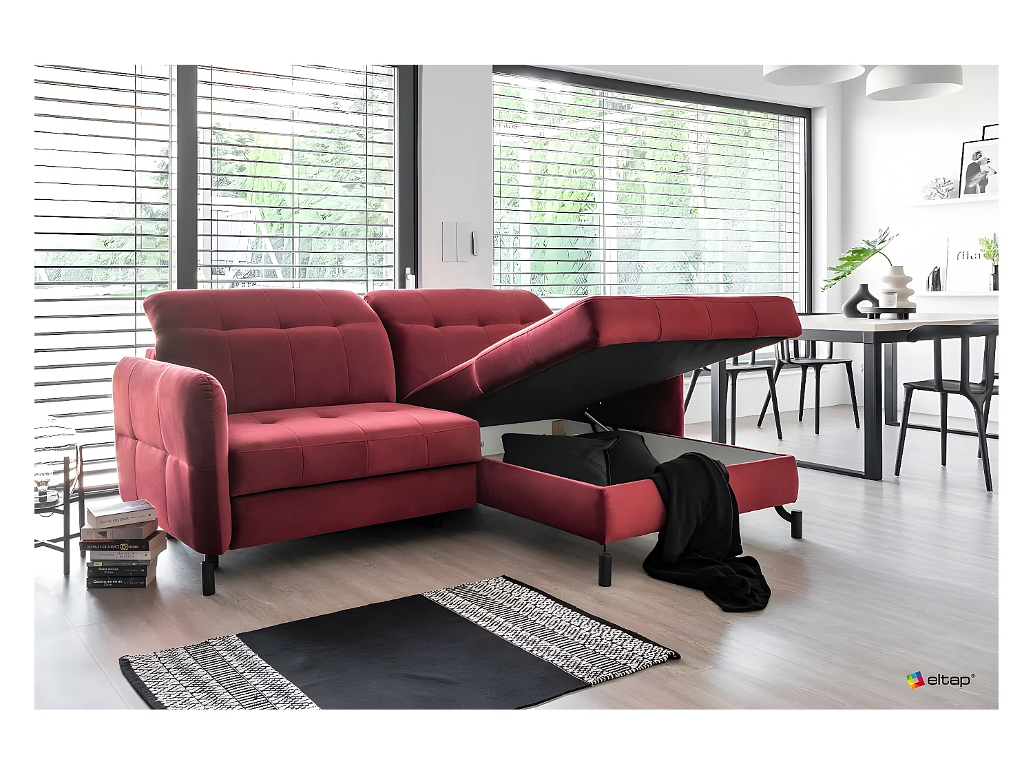 Canapé convertible angle droit avec têtières réglables velours matelassé gris anthracite Lory 225cm